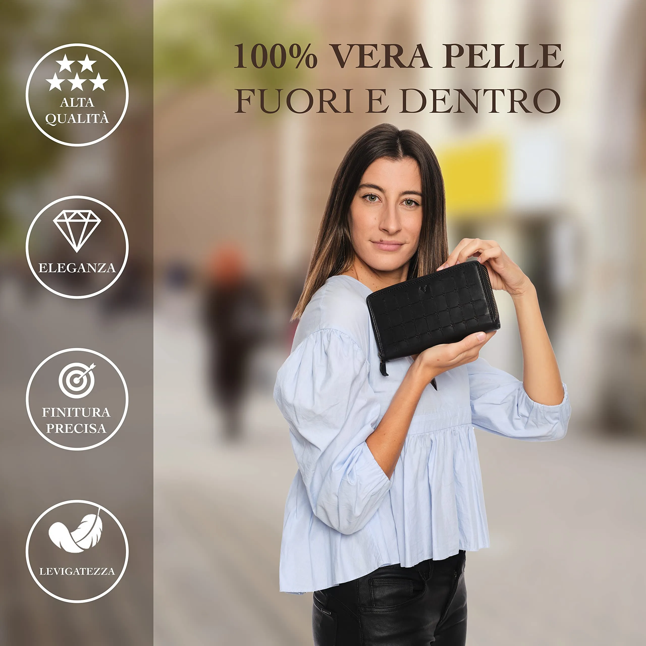 Lavalen Portafoglio Donna Grande in Vera Pelle, 30 Tasche, RFID, Doppia Cerniera - immagine 2