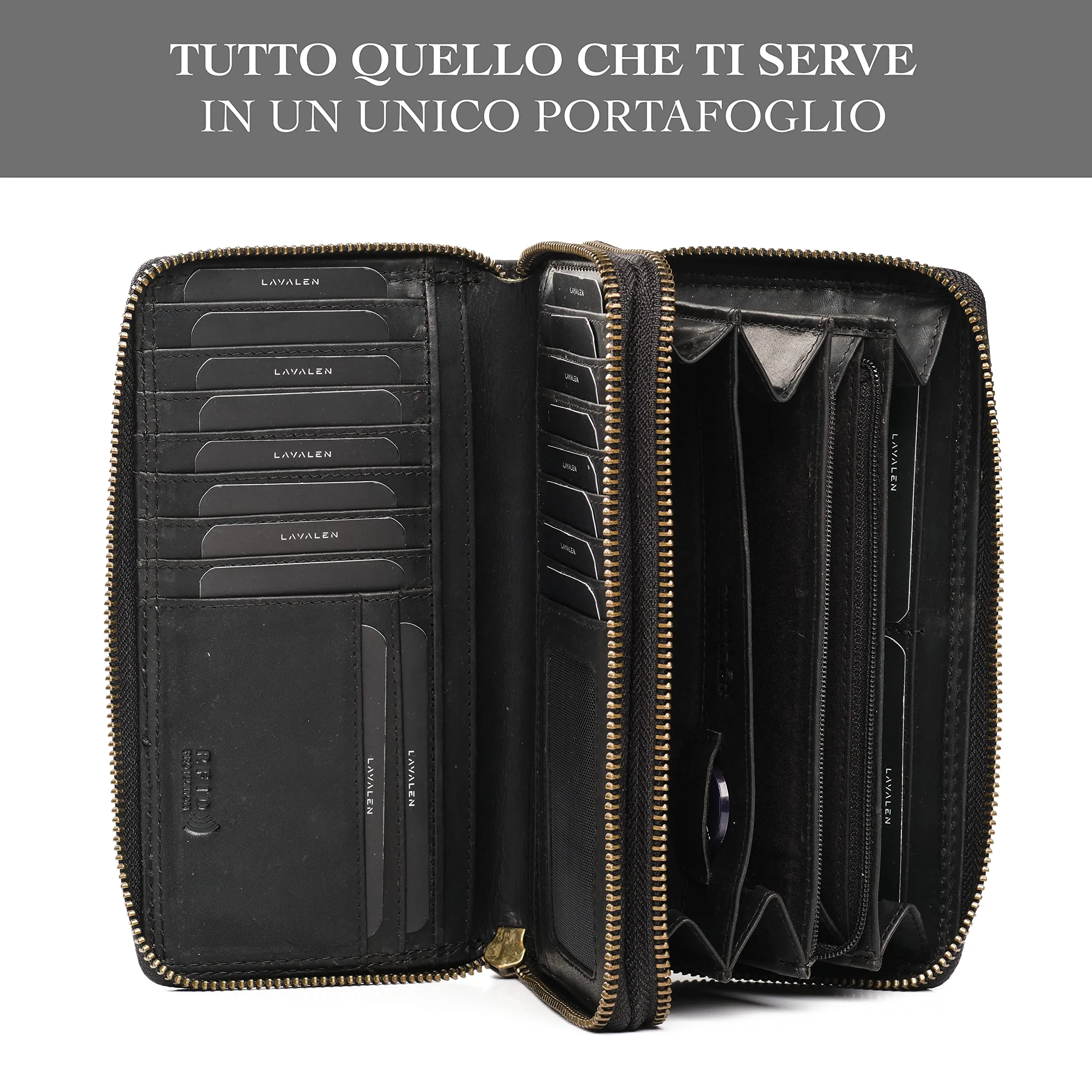 Lavalen Portafoglio Donna Grande in Vera Pelle, 30 Tasche, RFID, Doppia Cerniera - immagine 3