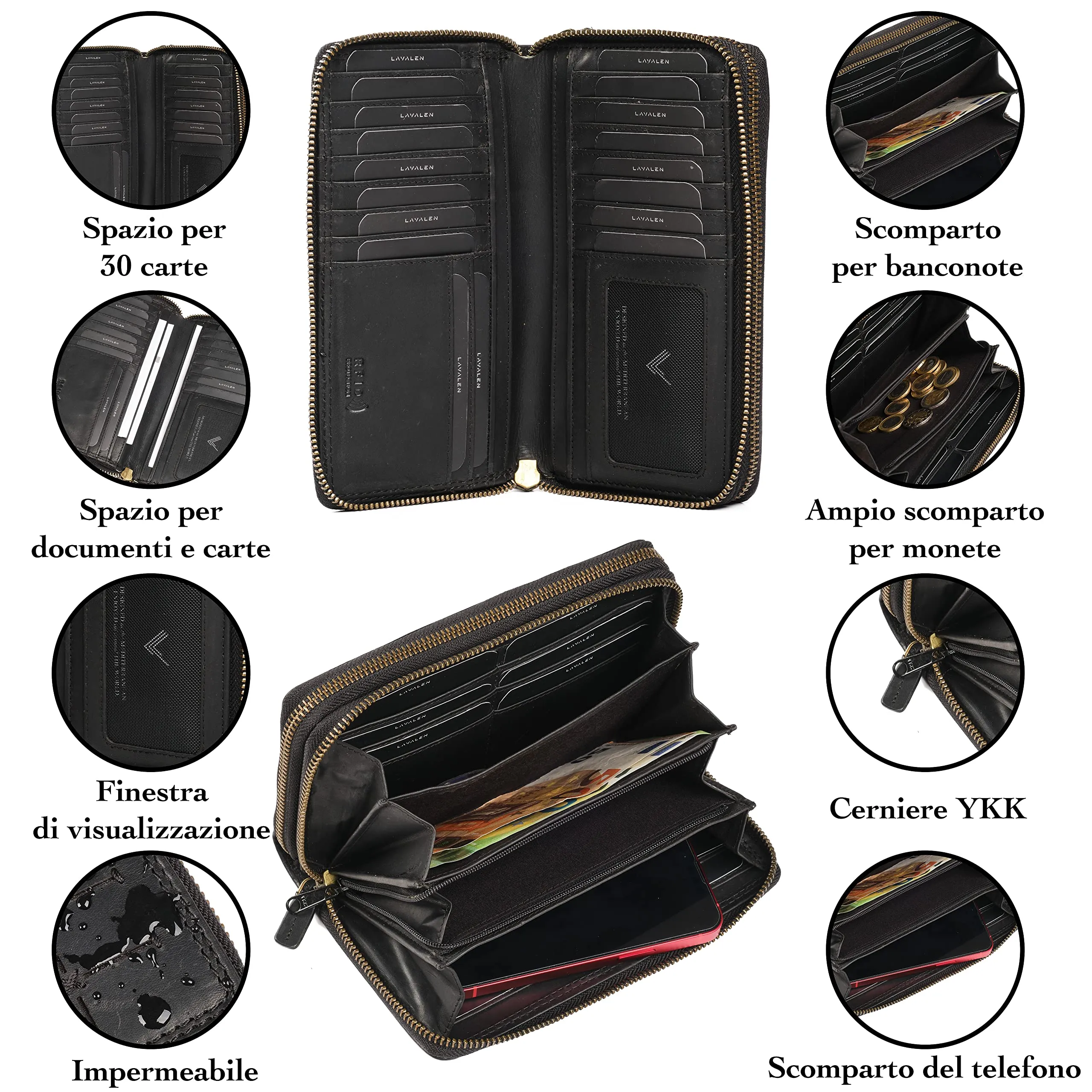 Lavalen Portafoglio Donna Grande in Vera Pelle, 30 Tasche, RFID, Doppia Cerniera - immagine 4