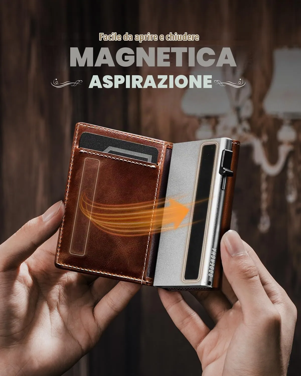 DODENSHA MagSnap Portafoglio da uomo in pelle con scomparto per monete, protezione RFID (Yl-marrone-argento) - immagine 2