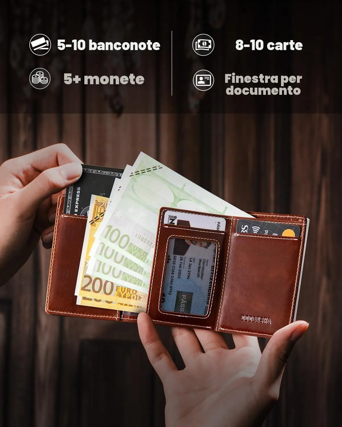 DODENSHA MagSnap Portafoglio da uomo in pelle con scomparto per monete, protezione RFID (Yl-marrone-argento) - immagine 3