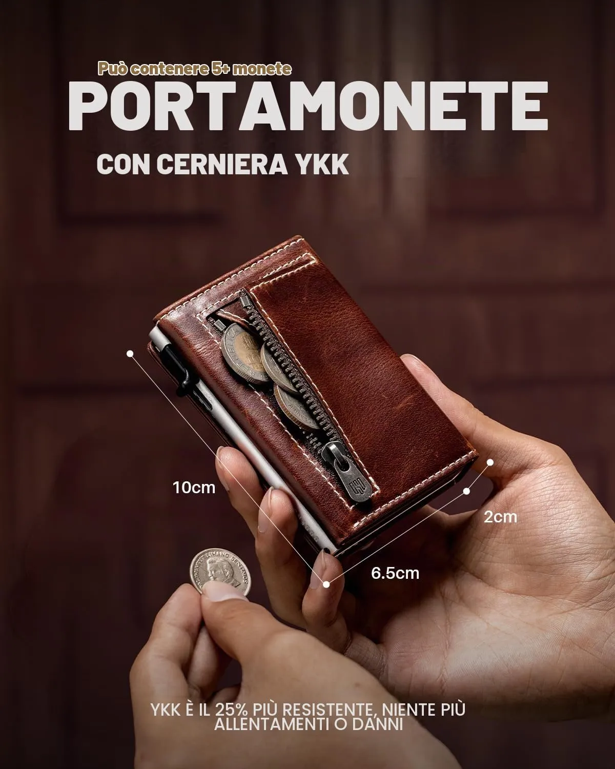 DODENSHA MagSnap Portafoglio da uomo in pelle con scomparto per monete, protezione RFID (Yl-marrone-argento) - immagine 6