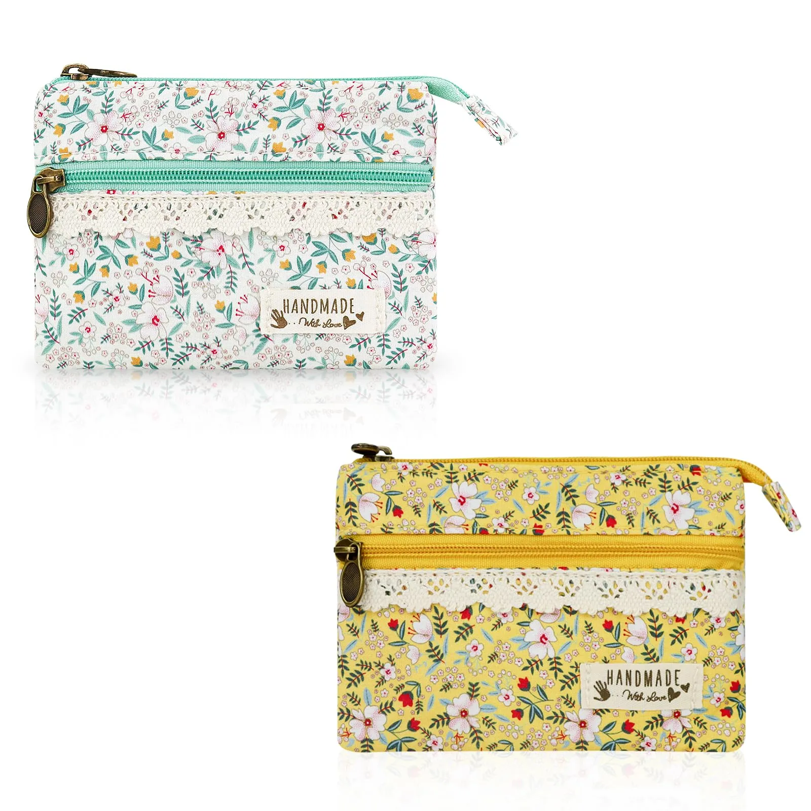 FuninCrea Set di 2 Mini Portamonete da Donna in Cotone con Motivo Floreale e 2 Tasche con Cerniera, Stile 10 - immagine 1