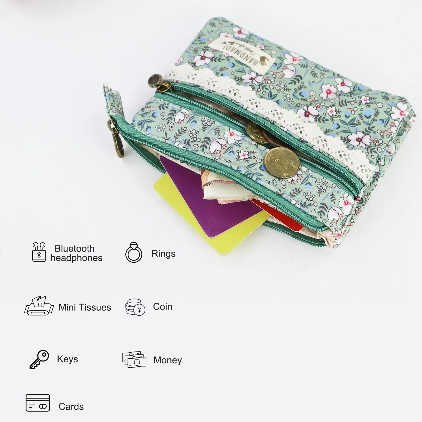 FuninCrea Set di 2 Mini Portamonete da Donna in Cotone con Motivo Floreale e 2 Tasche con Cerniera, Stile 10 - immagine 5