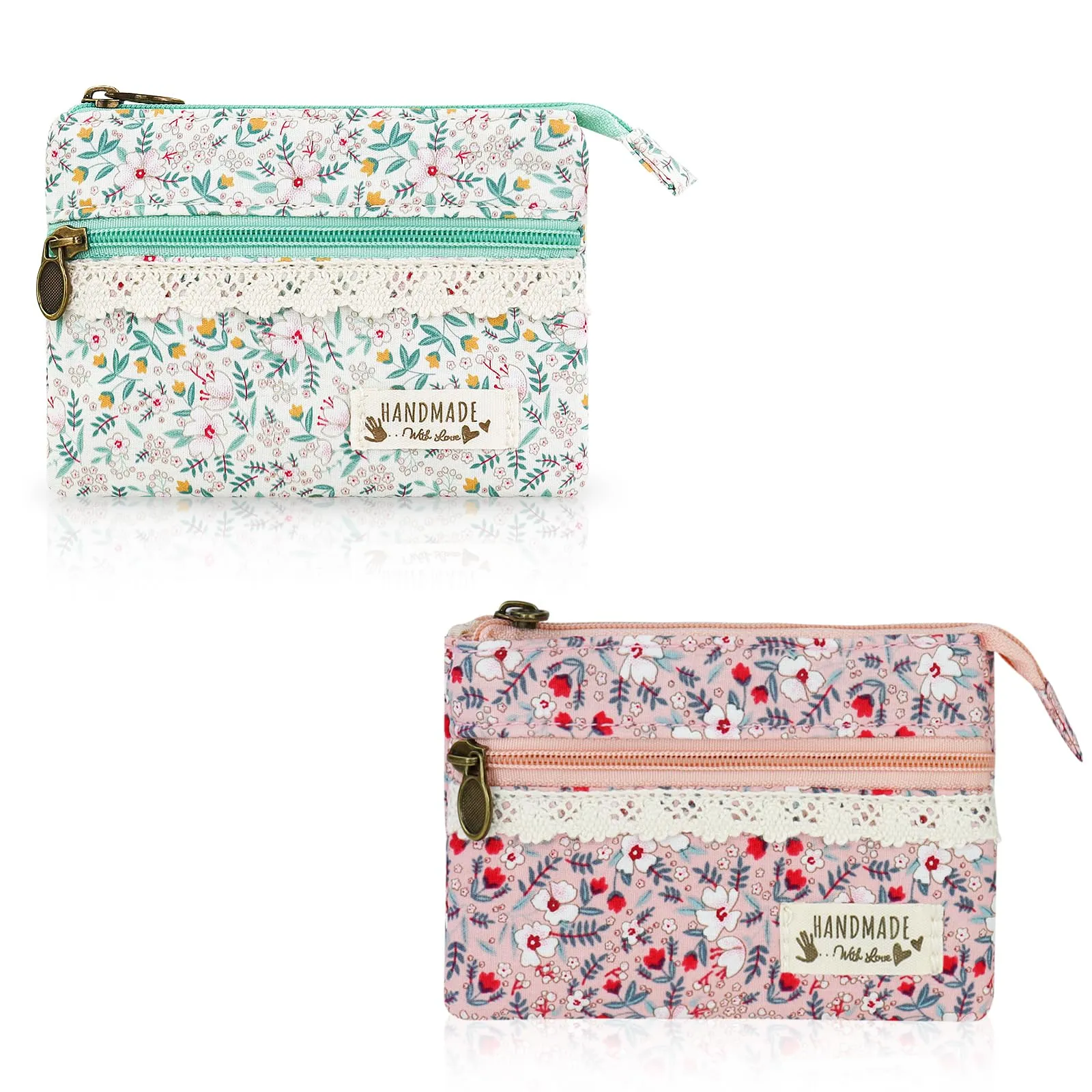 FuninCrea Mini Portamonete da Donna in Cotone, Motivo Floreale, 2 Tasche con Cerniera, Stile 8, 12x9x1,8 cm - immagine 1