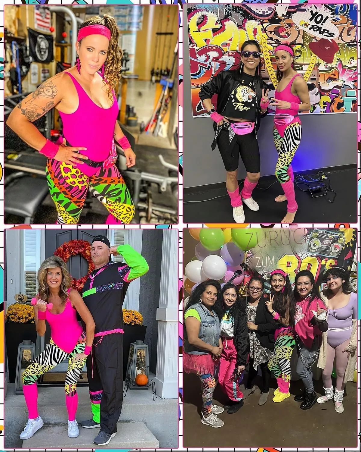 BIQIQI Costume Anni 80 Donna Tuta Sportiva Retro con Body, Leggings, Fascia, Braccialetti, Scaldamuscoli, Orecchini e Marsupio - immagine 6