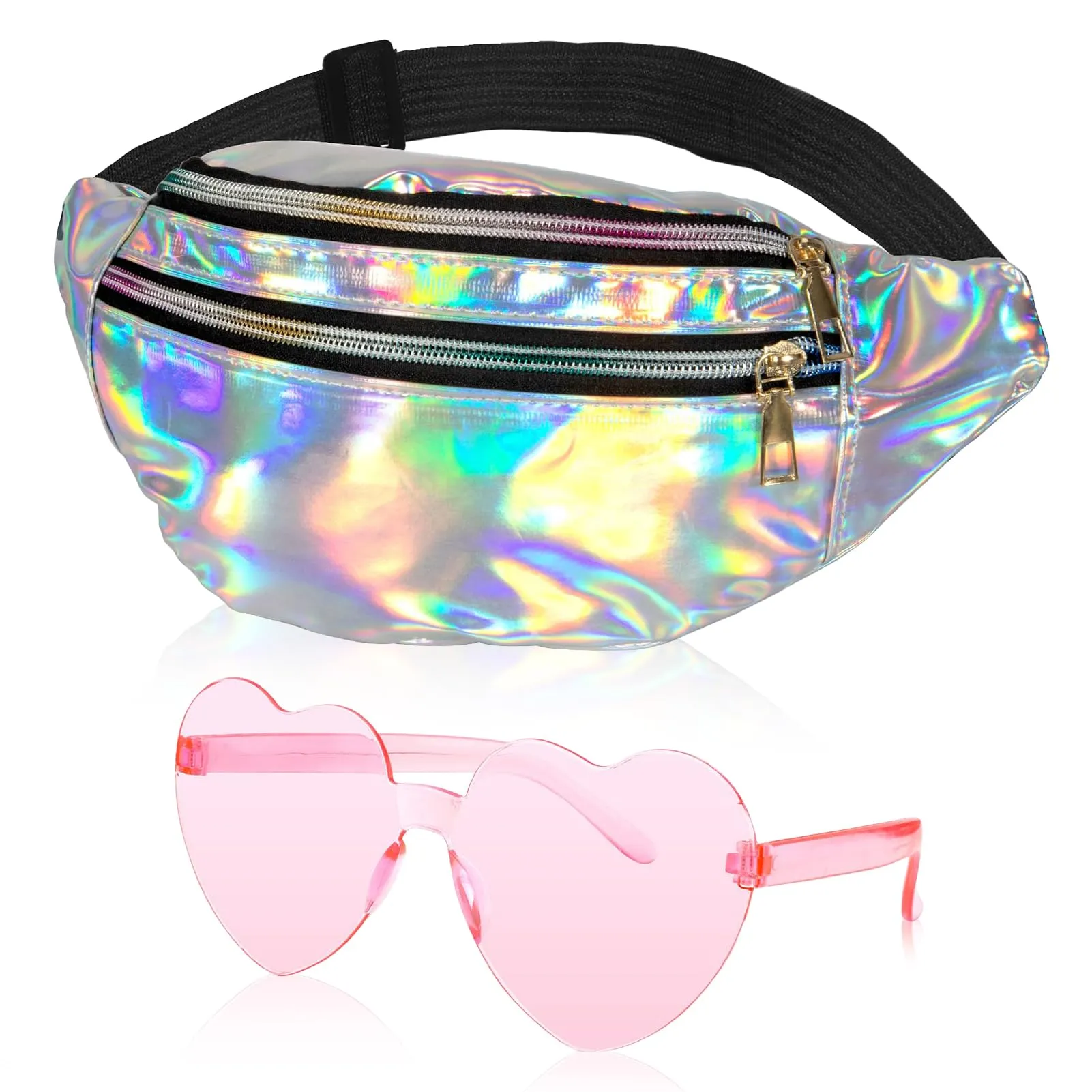 LQTSLFM Marsupio Olografico e Glitterato con Occhiali a Forma di Cuore, Accessori Costume Anni 80 90 per Festival e Carnevale (Argento) - immagine 1