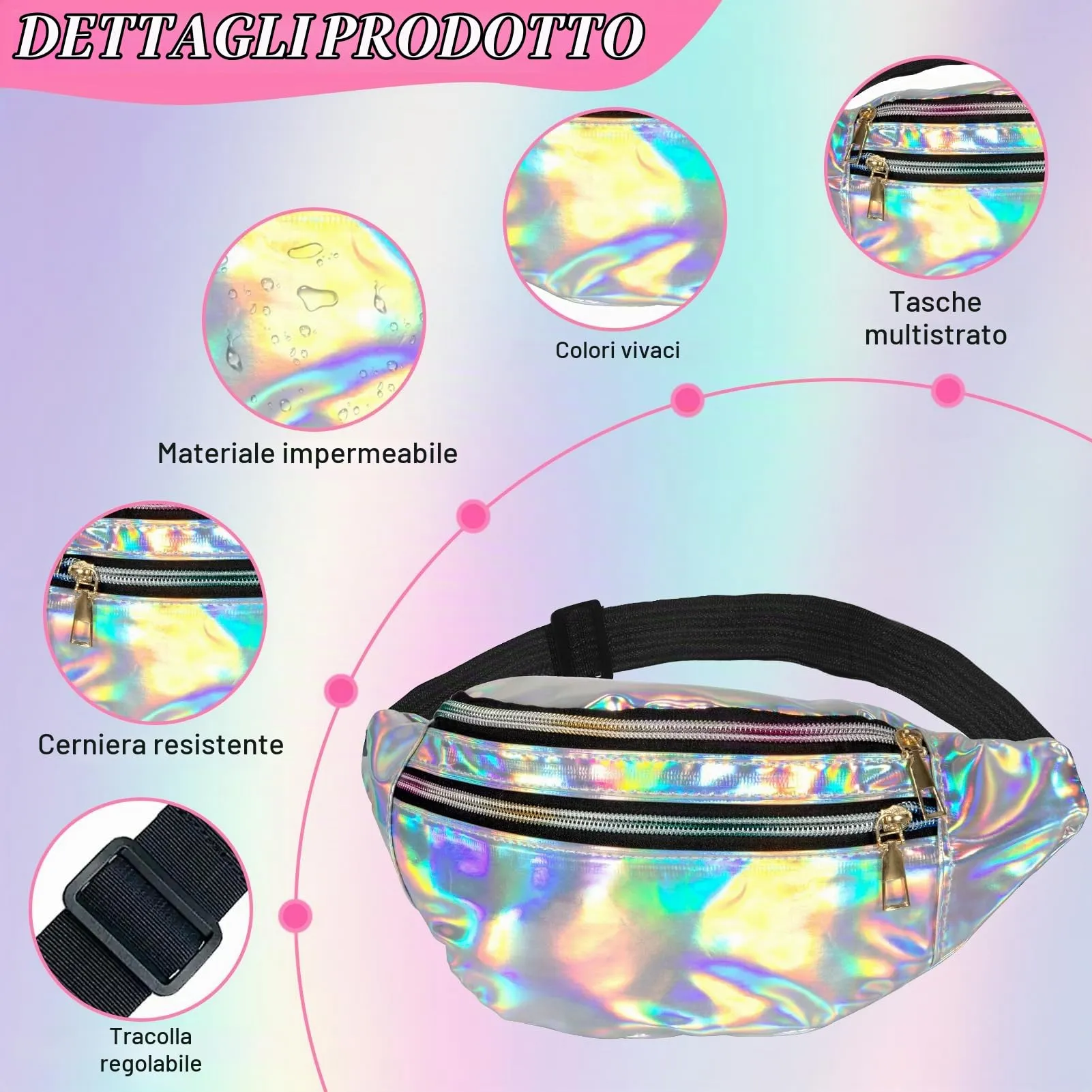 LQTSLFM Marsupio Olografico e Glitterato con Occhiali a Forma di Cuore, Accessori Costume Anni 80 90 per Festival e Carnevale (Argento) - immagine 3