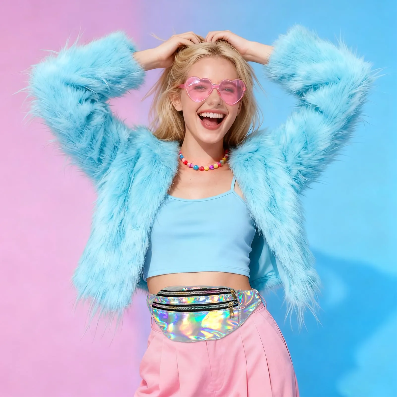 LQTSLFM Marsupio Olografico e Glitterato con Occhiali a Forma di Cuore, Accessori Costume Anni 80 90 per Festival e Carnevale (Argento) - immagine 5