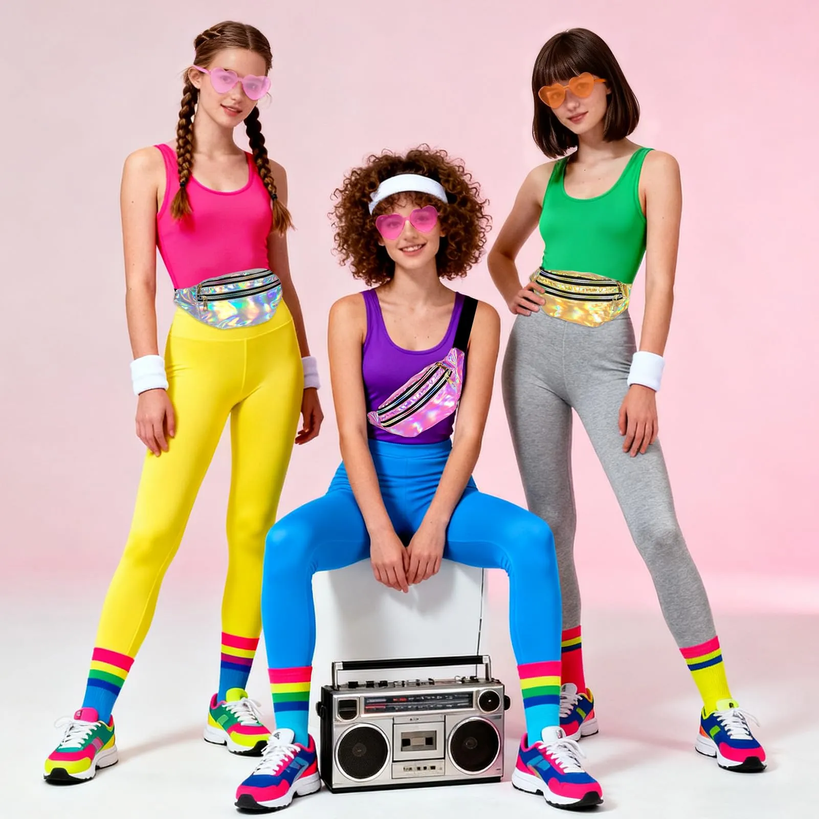LQTSLFM Marsupio Olografico e Glitterato con Occhiali a Forma di Cuore, Accessori Costume Anni 80 90 per Festival e Carnevale (Argento) - immagine 7