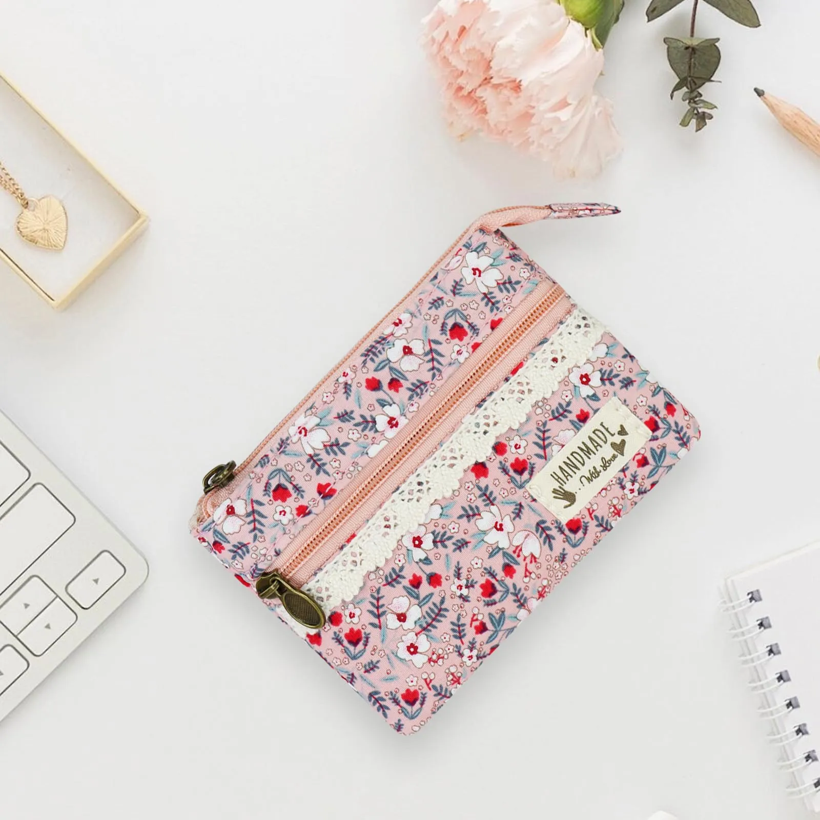 FuninCrea Portamonete Donna in Cotone con Motivo Floreale, 2 Tasche con Cerniera, Stile 3 - immagine 6