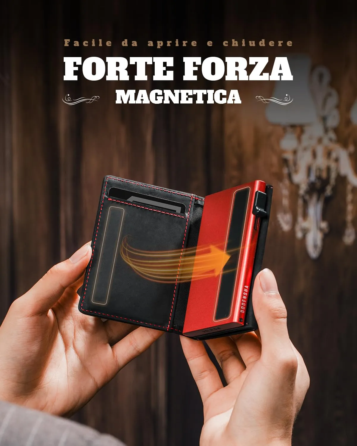 DODENSHA MagSnap Portafoglio da Uomo in Pelle con Scomparto Monete, Protezione RFID, Nero/Rosso - immagine 2