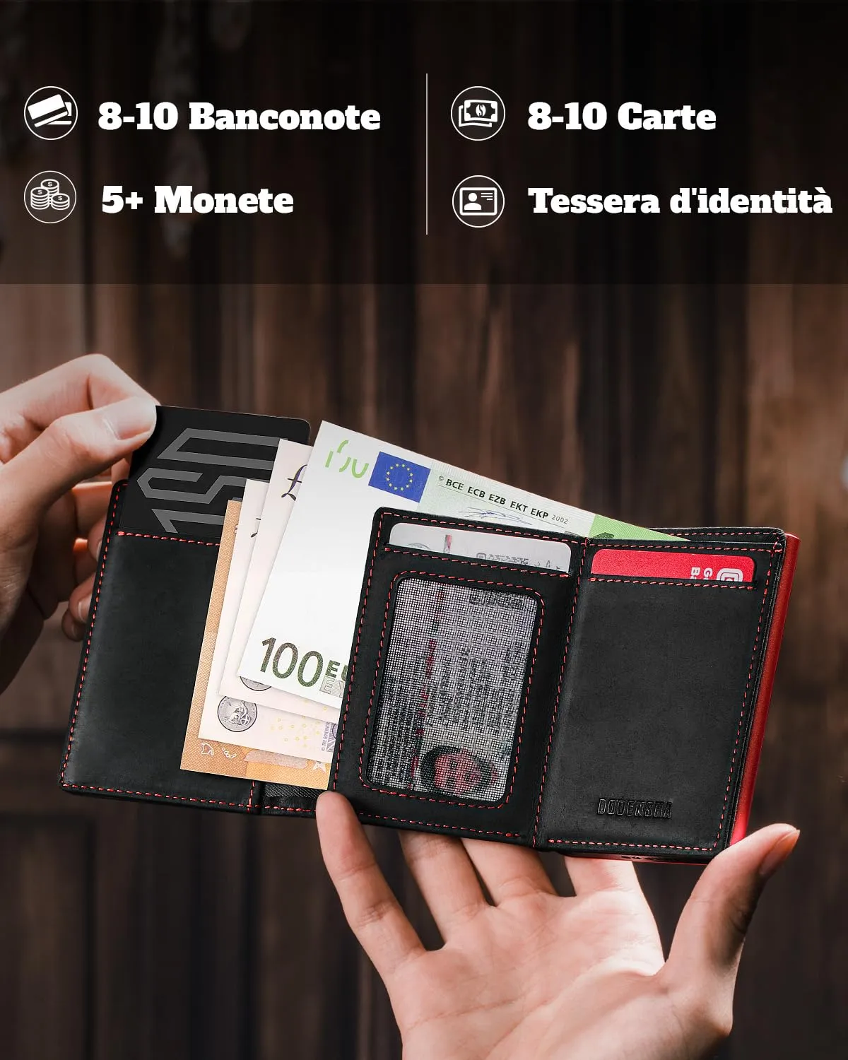 DODENSHA MagSnap Portafoglio da Uomo in Pelle con Scomparto Monete, Protezione RFID, Nero/Rosso - immagine 3