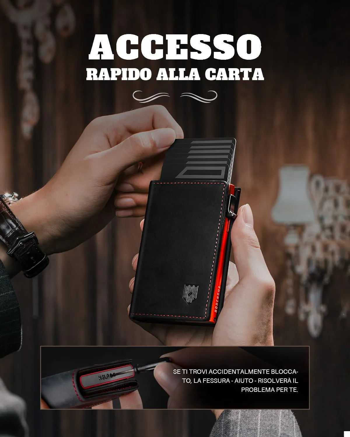 DODENSHA MagSnap Portafoglio da Uomo in Pelle con Scomparto Monete, Protezione RFID, Nero/Rosso - immagine 5