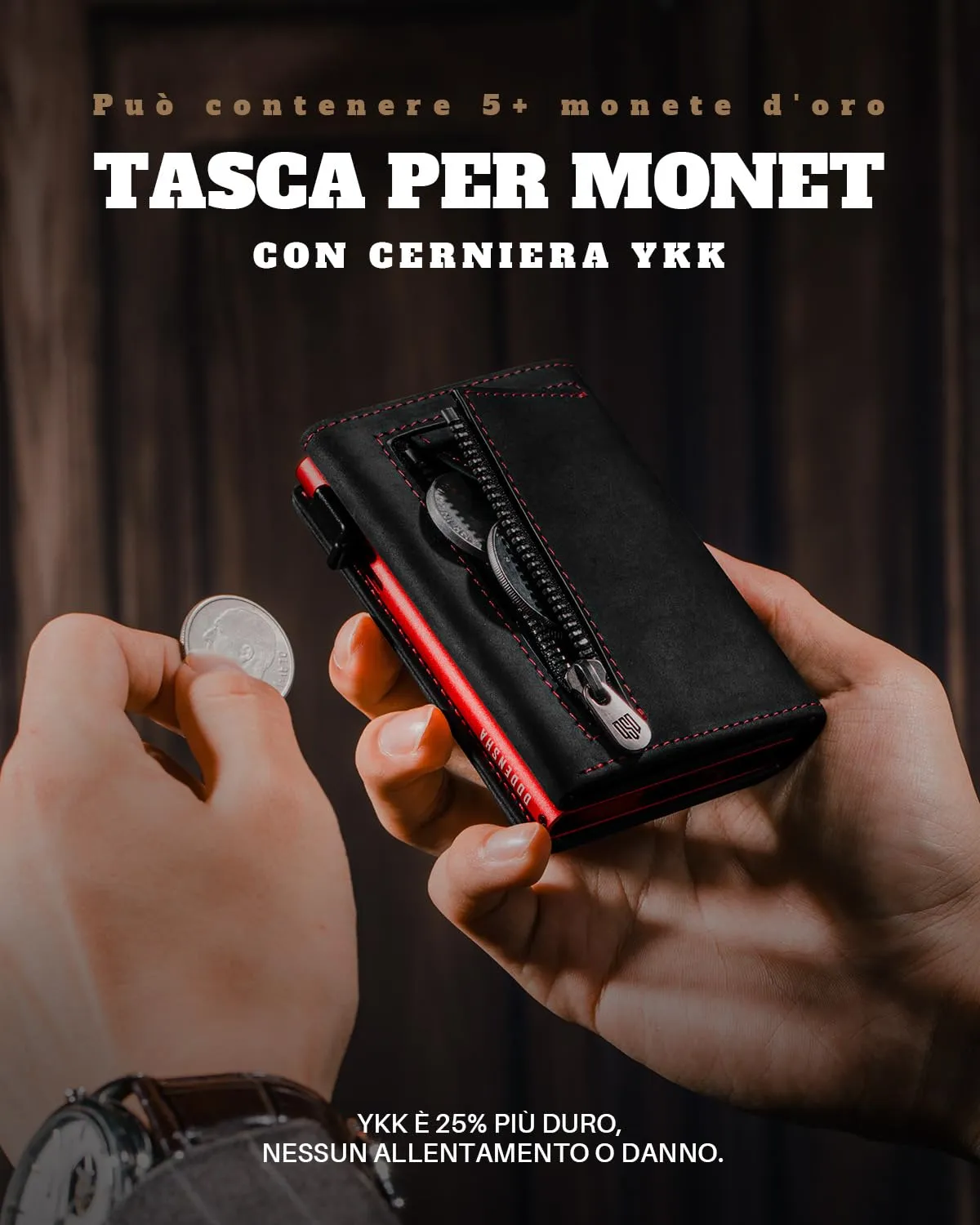 DODENSHA MagSnap Portafoglio da Uomo in Pelle con Scomparto Monete, Protezione RFID, Nero/Rosso - immagine 6