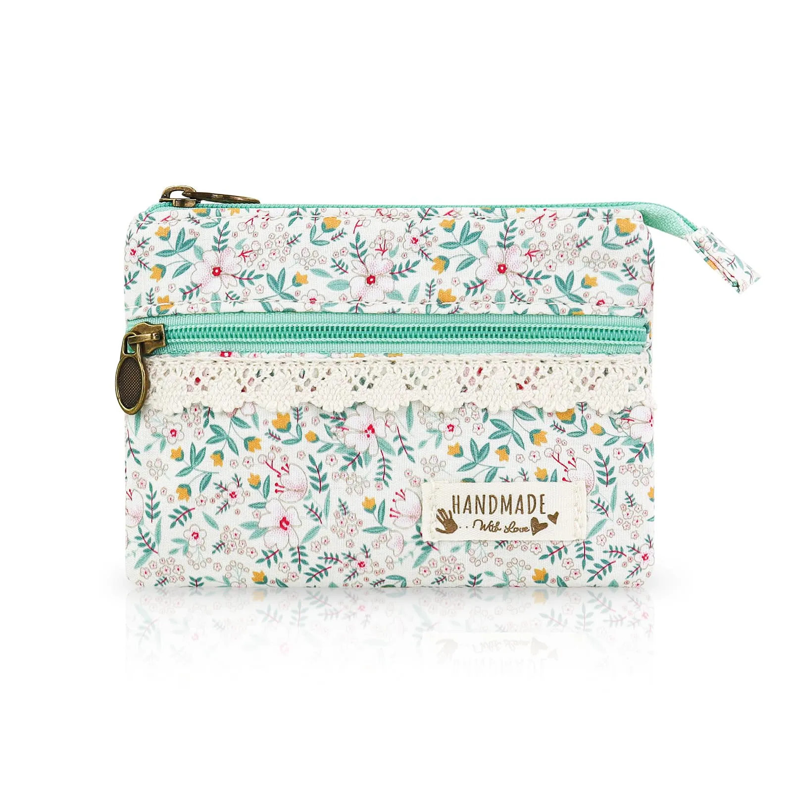 FuninCrea Mini Portamonete da Donna in Cotone, Motivo Floreale, 2 Tasche con Cerniera, 12x9x1,8 cm, Verde 2 - immagine 1