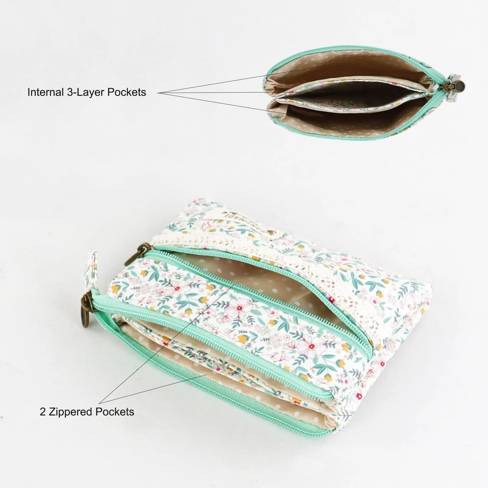 FuninCrea Mini Portamonete da Donna in Cotone, Motivo Floreale, 2 Tasche con Cerniera, 12x9x1,8 cm, Verde 2 - immagine 4