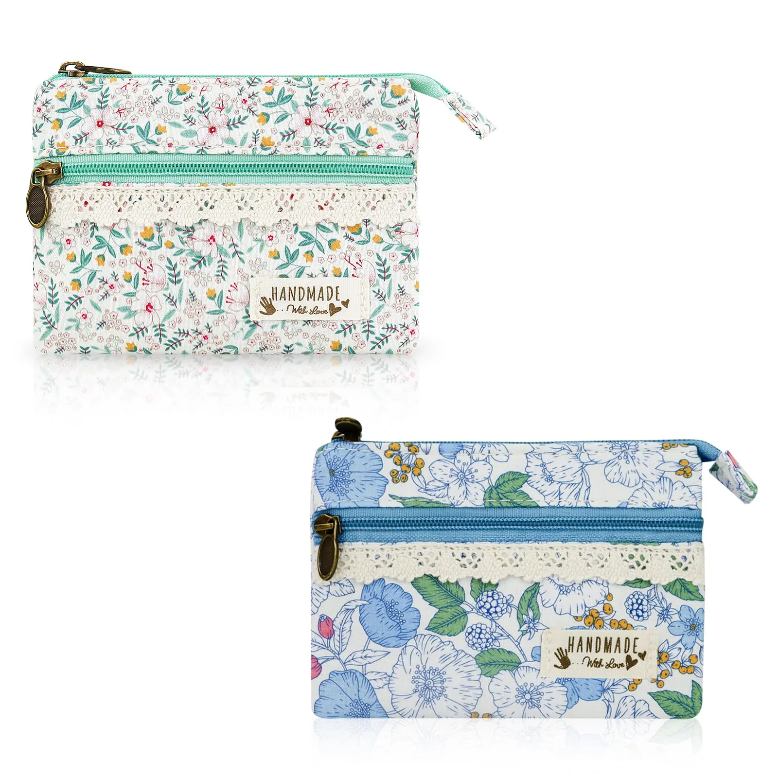 FuninCrea Mini Portamonete da Donna in Cotone, Motivo Floreale, 2 Tasche con Cerniera, Stile 11, 12x9x1,8 cm - immagine 1
