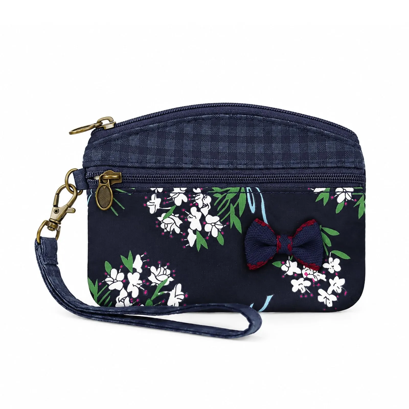 FuninCrea Mini Portamonete da Donna in Cotone, Motivo Floreale, 2 Tasche con Cerniera, Nero, 12x9x1,8 cm - immagine 1
