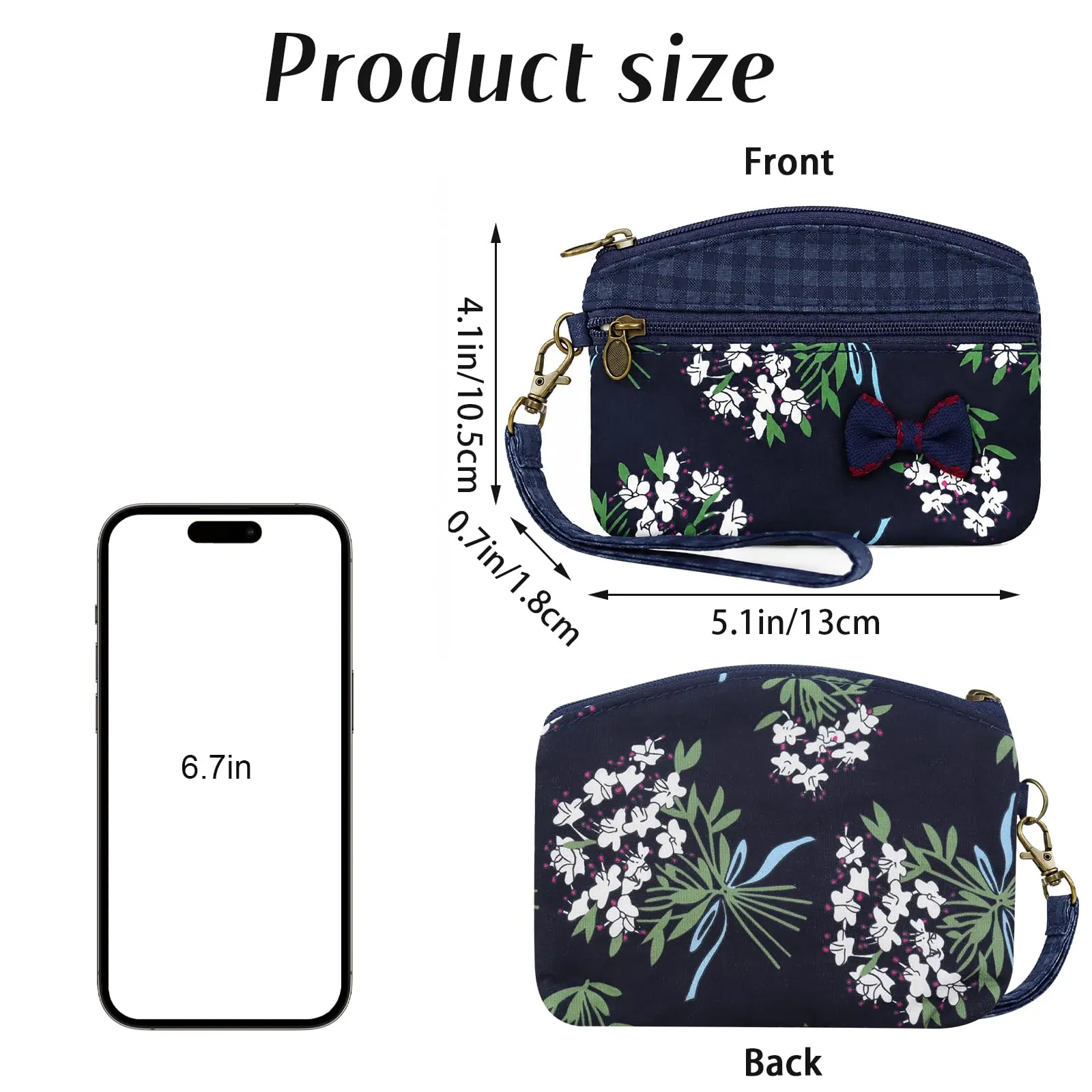 FuninCrea Mini Portamonete da Donna in Cotone, Motivo Floreale, 2 Tasche con Cerniera, Nero, 12x9x1,8 cm - immagine 2