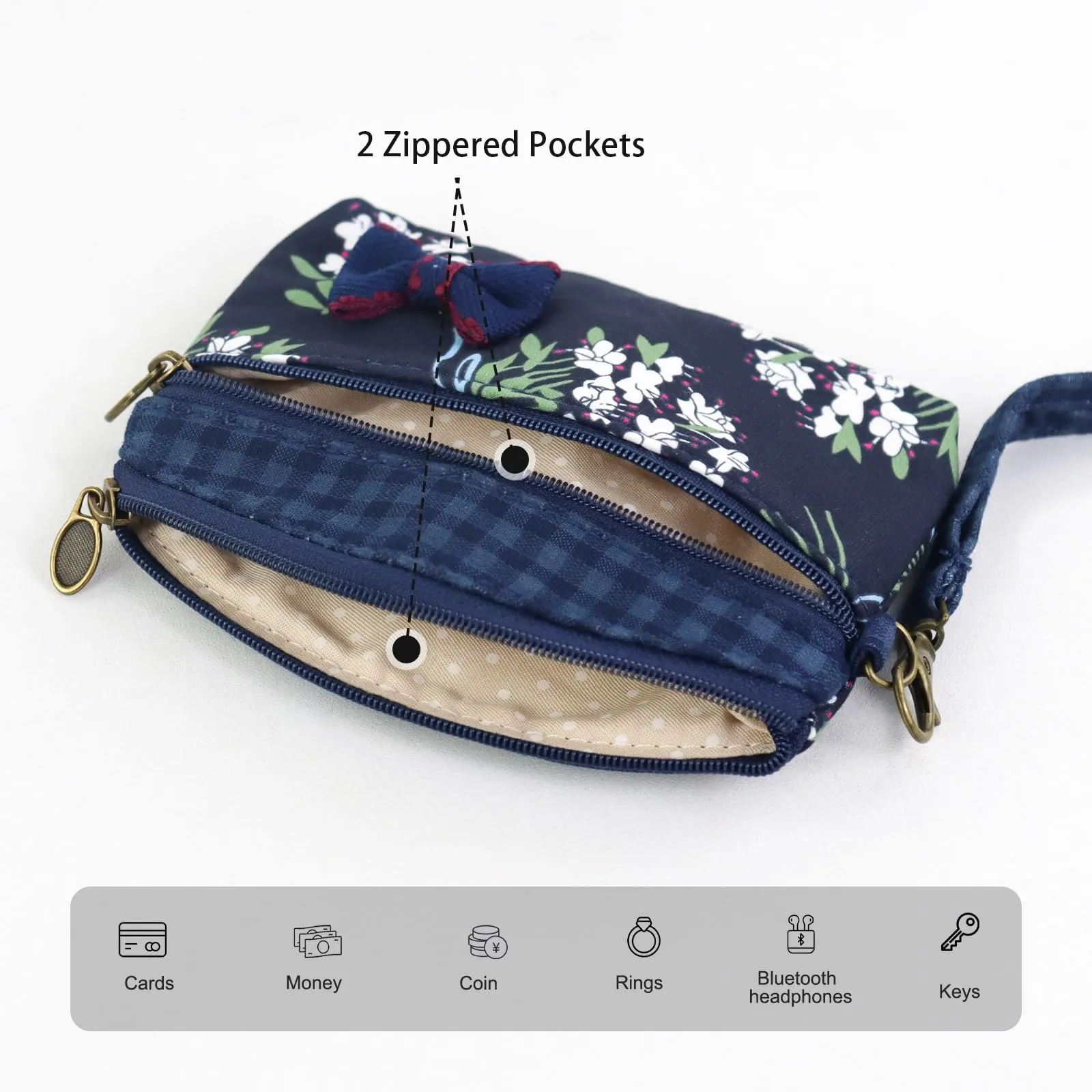 FuninCrea Mini Portamonete da Donna in Cotone, Motivo Floreale, 2 Tasche con Cerniera, Nero, 12x9x1,8 cm - immagine 4