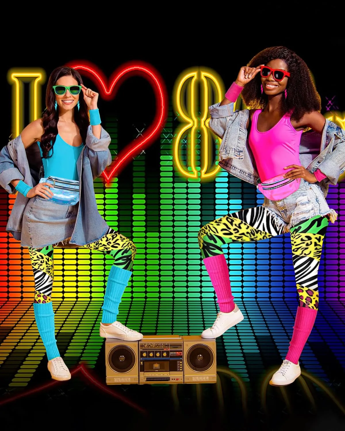 BIQIQI Costume Anni 80 Donna Tuta Sportiva Stile Retro con Body, Leggings, Fascia per capelli, Braccialetti, Scaldamuscoli, Orecchini e Marsupio - immagine 4