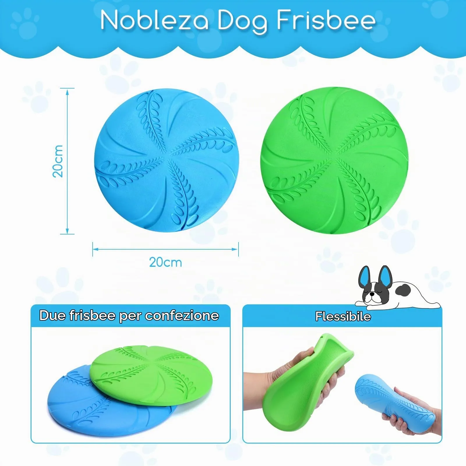 Nobleza Frisbee in Gomma Naturale per Cani, Set da 2, Diametro 20 cm, Blu e Verde - immagine 2