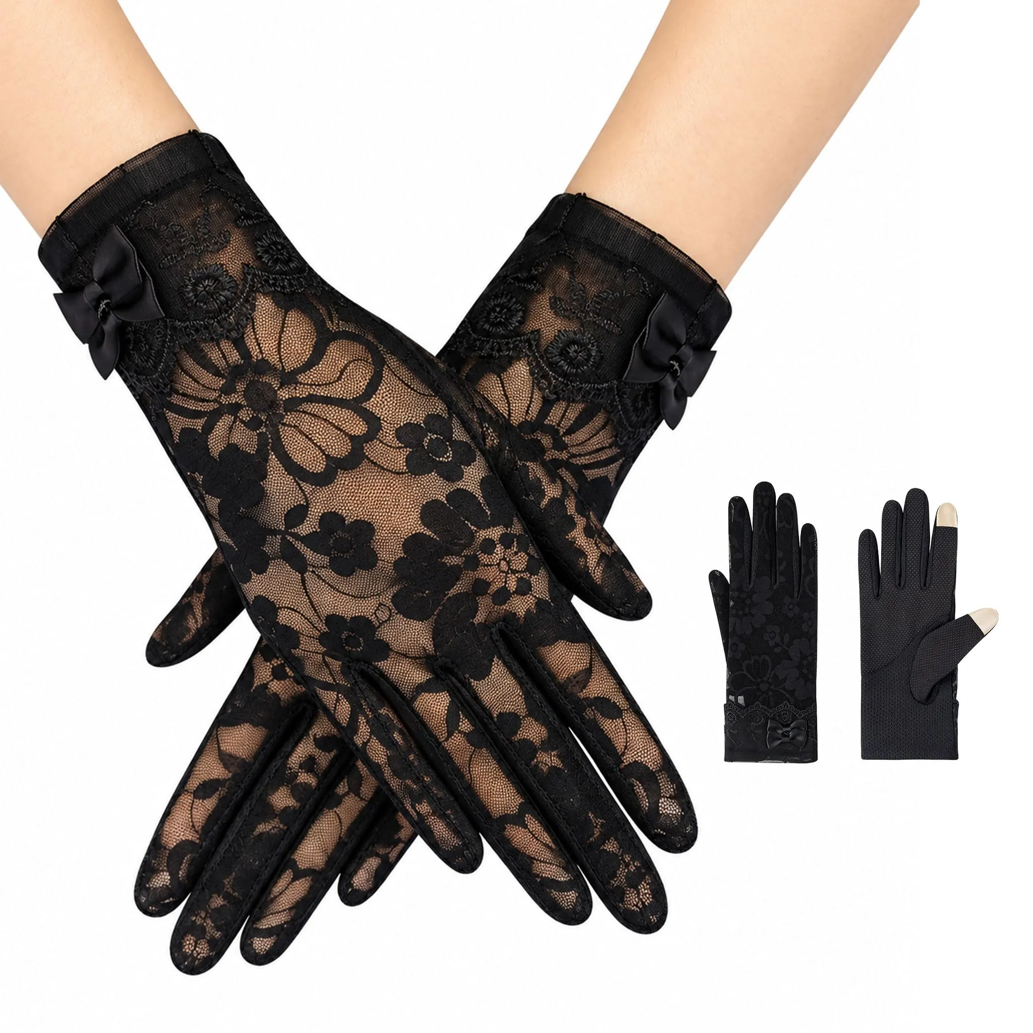 Andiker Guanti Corti in Pizzo Vintage da Donna, Nero-D, Taglia Unica - immagine 1