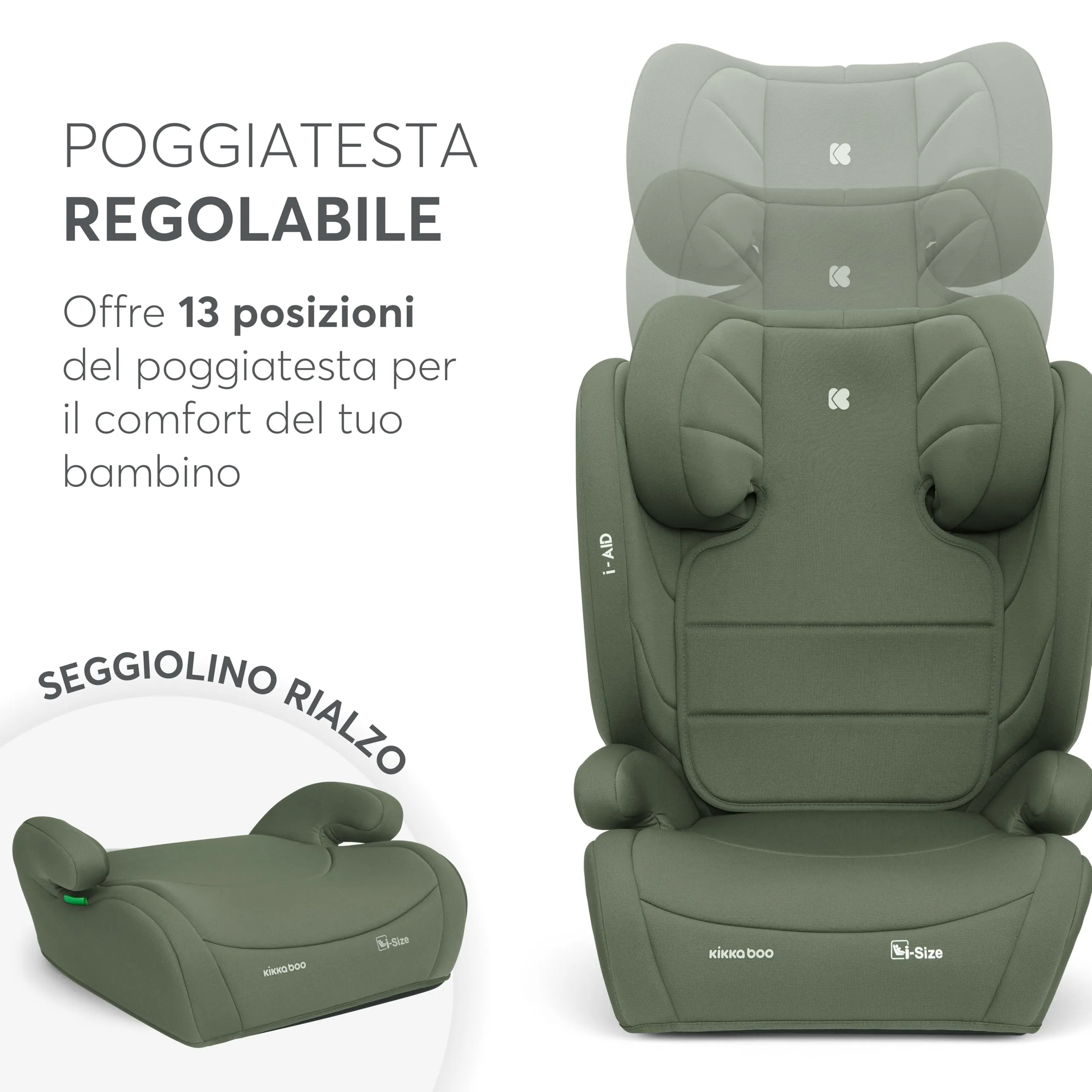 KikkaBoo i-AID Seggiolino Auto Gruppo 2/3 i-Size 100-150 cm (15-36 kg), Verde Militare - immagine 9