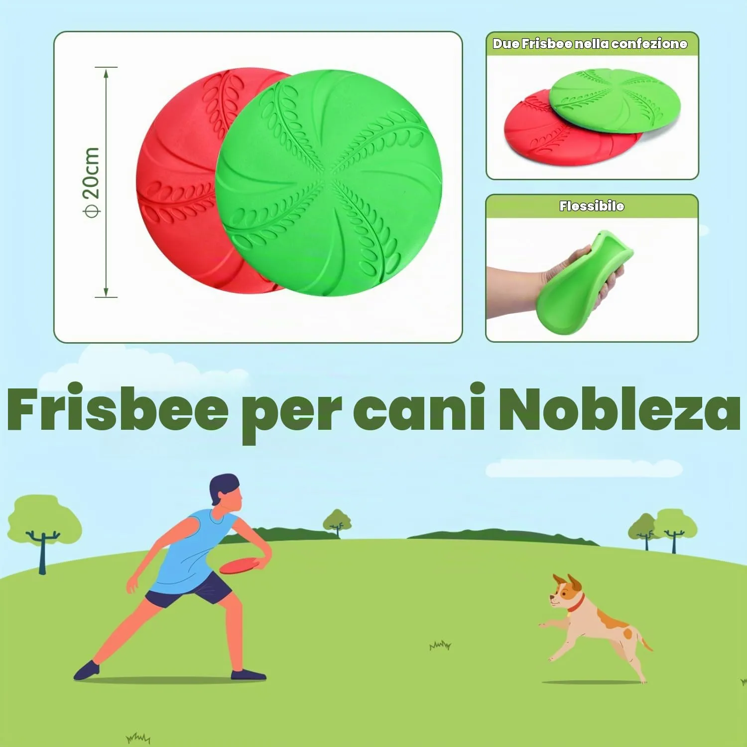 Nobleza Frisbee per Cani in Gomma, 2 Unità, 20 cm, Rosso e Verde - immagine 2