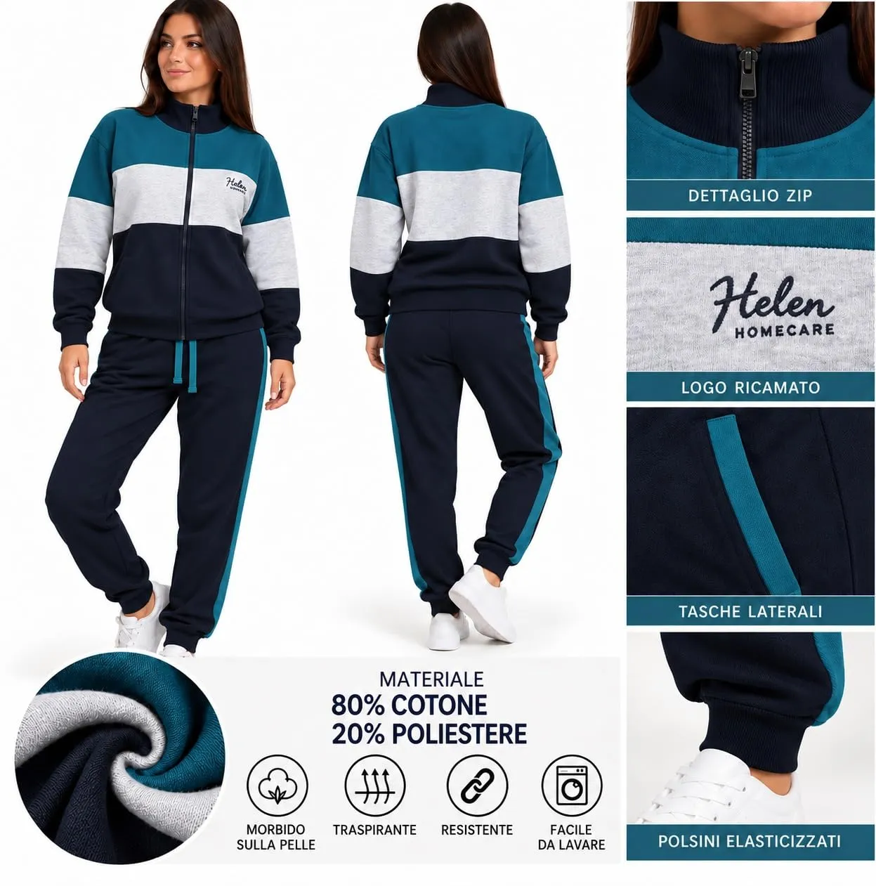 GX GARGIX Tuta Donna Invernale 2 Pezzi in Cotone, Felpa con Zip e Pantaloni Jogger - immagine 2