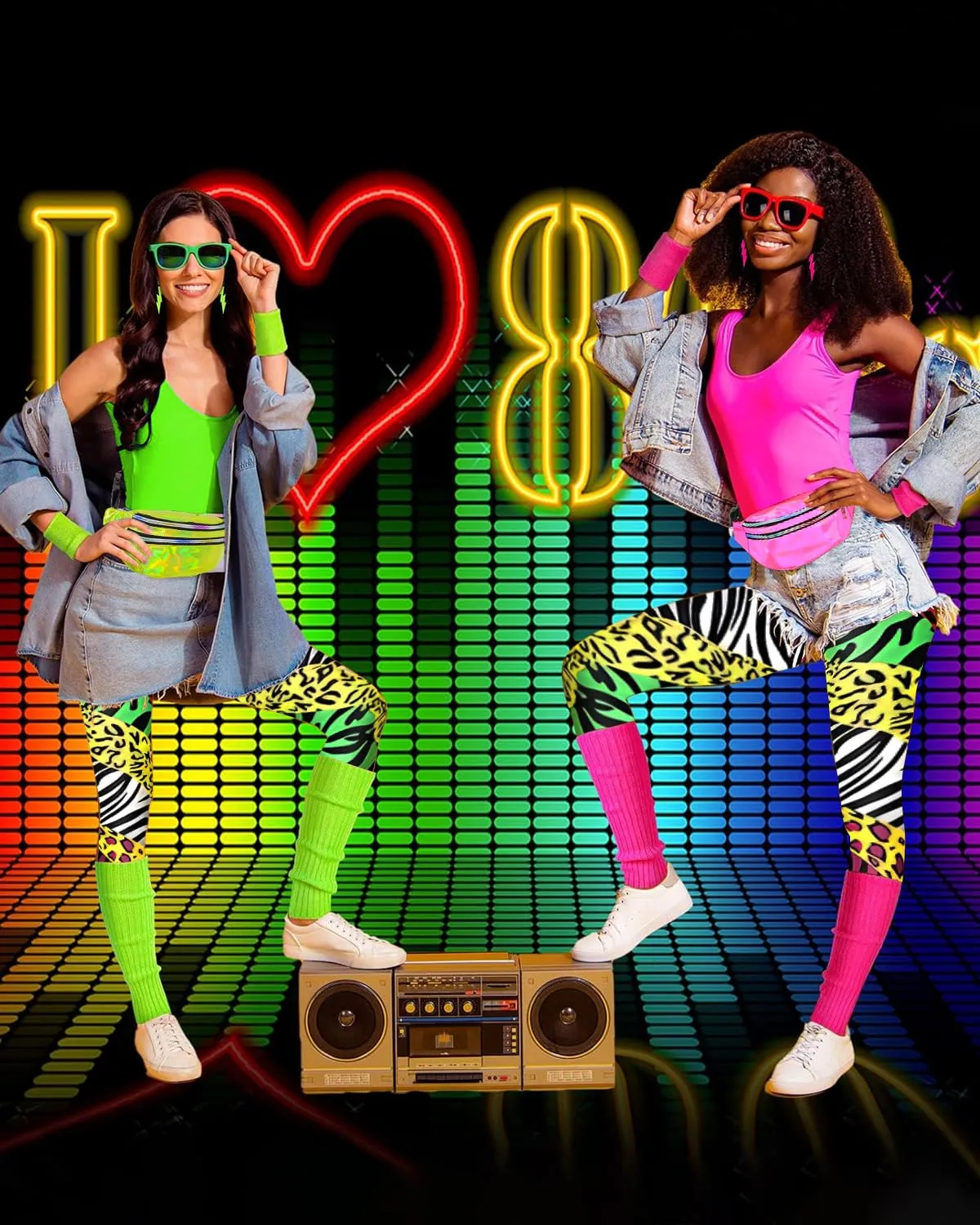 BIQIQI Costume Anni 80 Donna Tuta Sportiva Retro Completo con Body, Leggings, Fascia per capelli, Braccialetti, Scaldamuscoli, Orecchini e Marsupio - immagine 4
