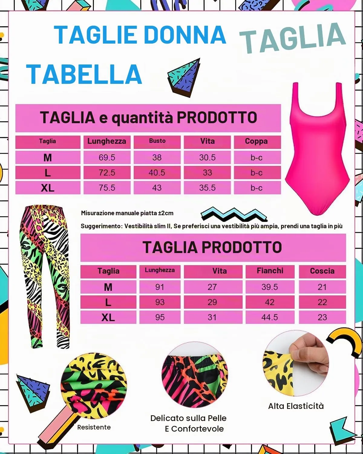 BIQIQI Costume Anni 80 Donna, Tuta Sportiva in Stile Retro con Body, Leggings, Fascia per Capelli, Braccialetti, Scaldamuscoli, Orecchini e Marsupio - immagine 2