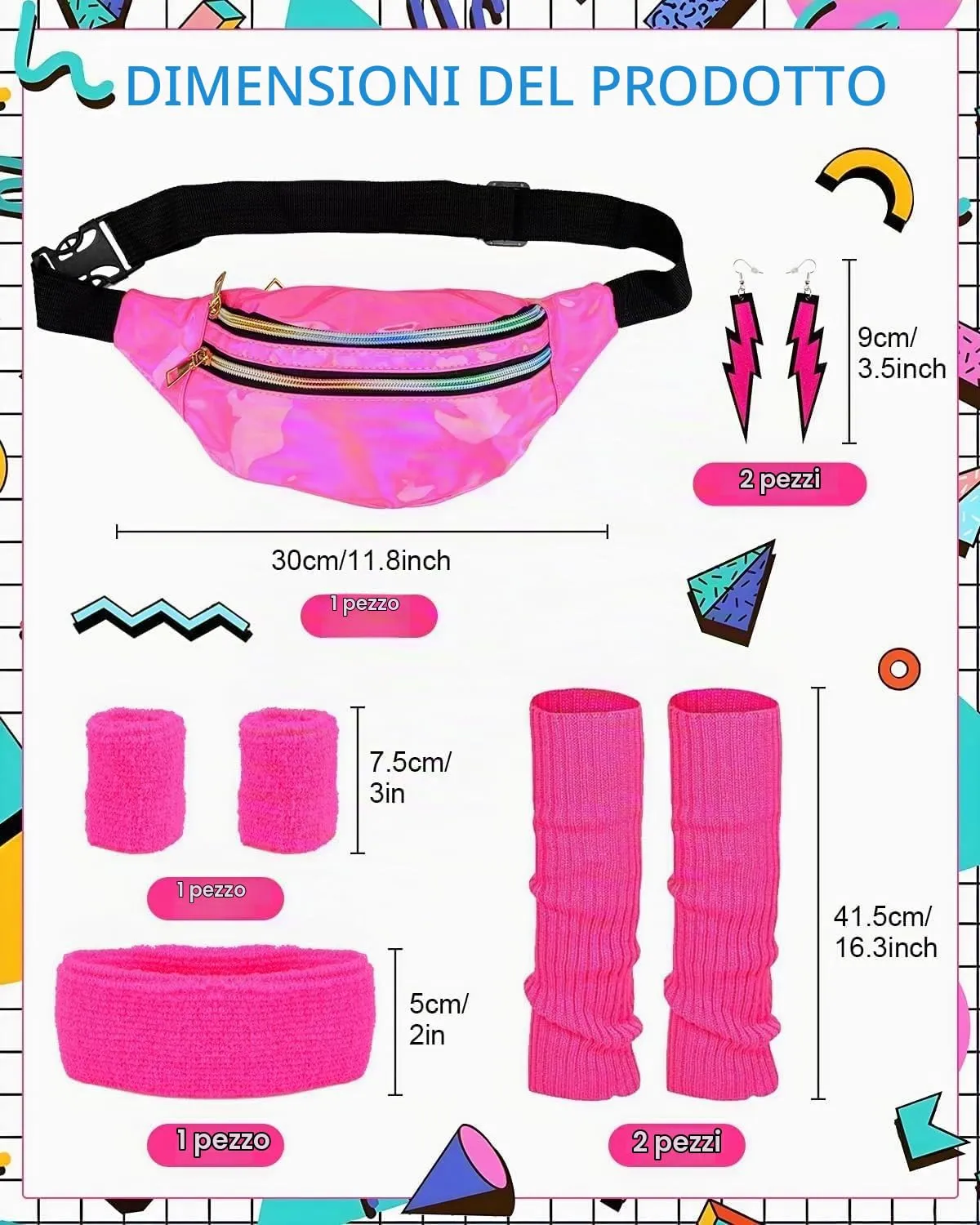 BIQIQI Costume Anni 80 Donna, Tuta Sportiva in Stile Retro con Body, Leggings, Fascia per Capelli, Braccialetti, Scaldamuscoli, Orecchini e Marsupio - immagine 3