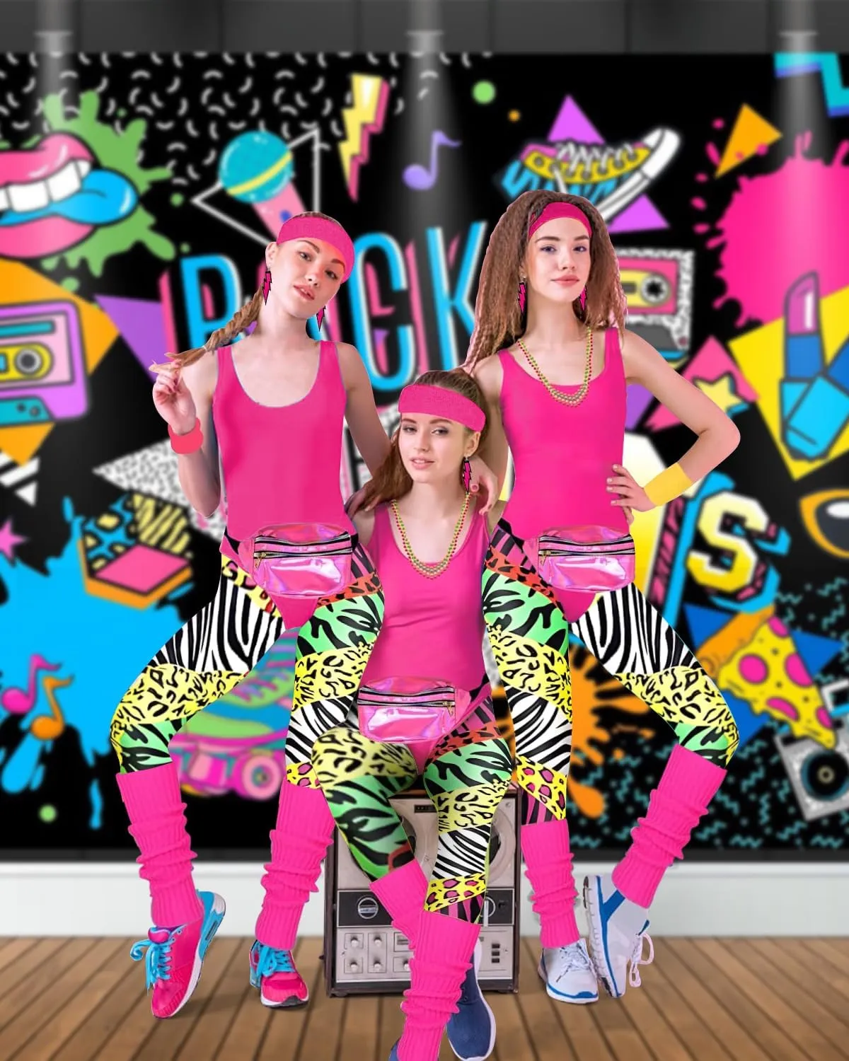 BIQIQI Costume Anni 80 Donna, Tuta Sportiva in Stile Retro con Body, Leggings, Fascia per Capelli, Braccialetti, Scaldamuscoli, Orecchini e Marsupio - immagine 4