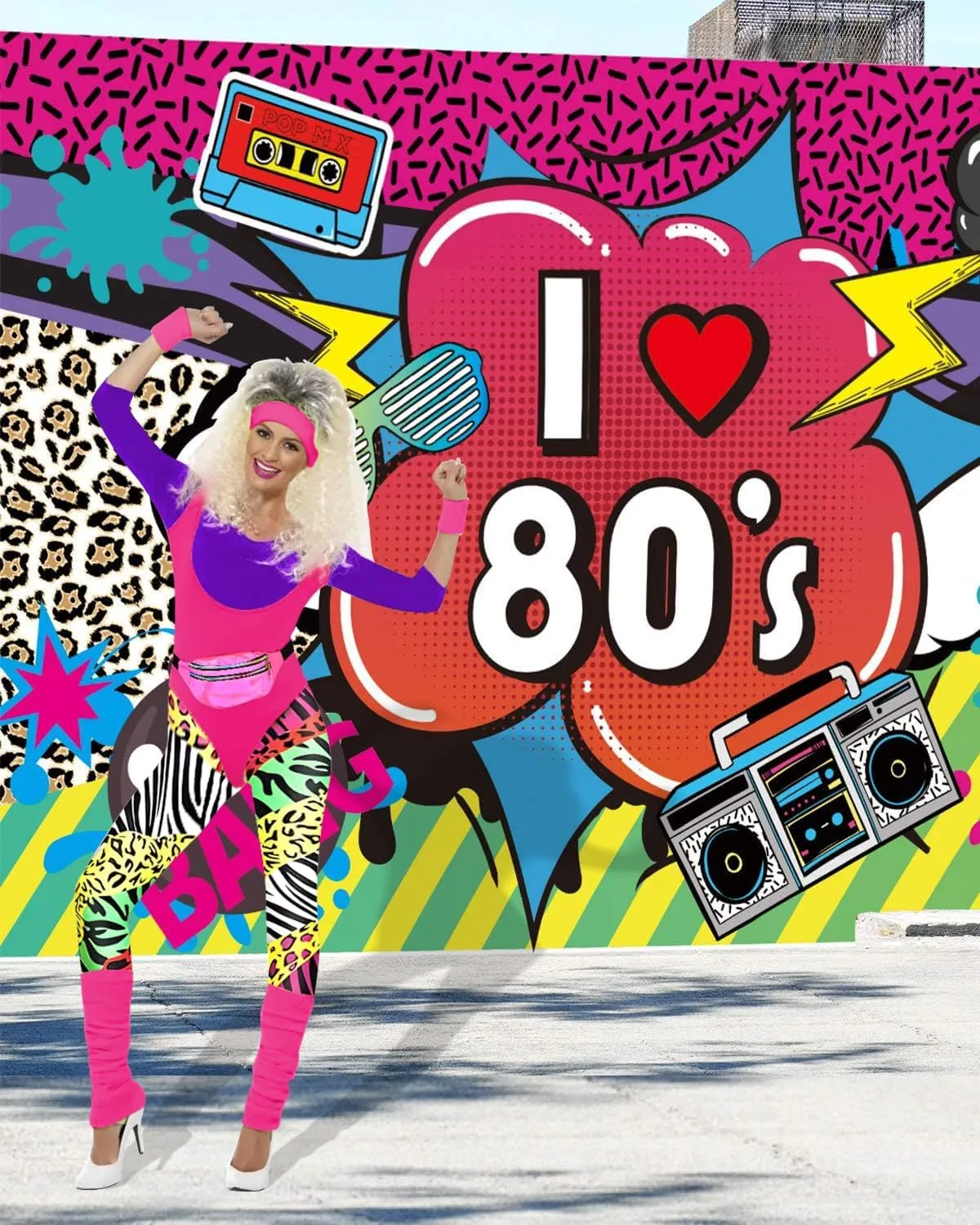 BIQIQI Costume Anni 80 Donna, Tuta Sportiva in Stile Retro con Body, Leggings, Fascia per Capelli, Braccialetti, Scaldamuscoli, Orecchini e Marsupio - immagine 5