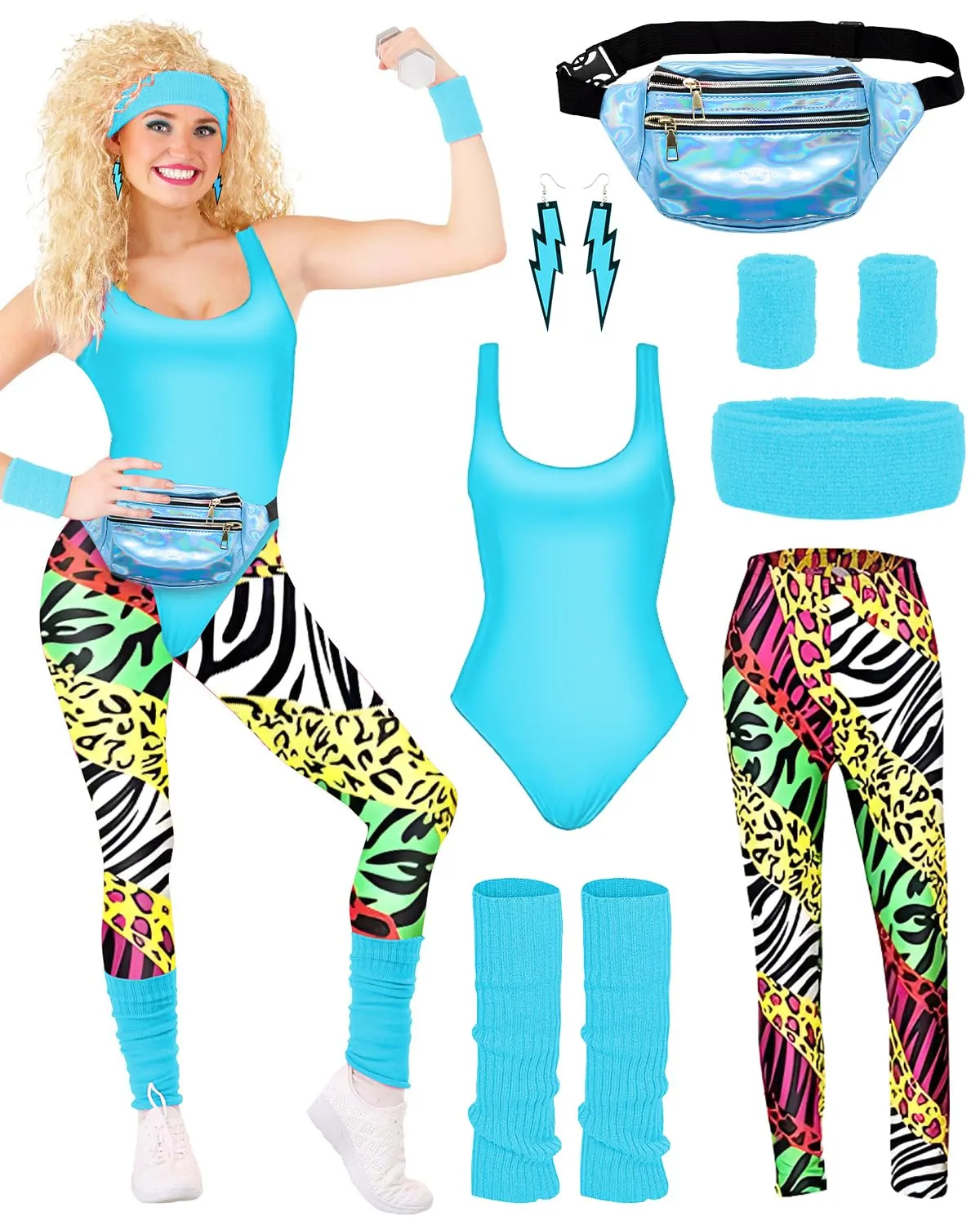 BIQIQI Costume Anni 80 Donna Tuta Sportiva Retro con Body, Legging, Fascia per capelli, Braccialetti, Scaldamuscoli, Orecchini e Marsupio - immagine 1