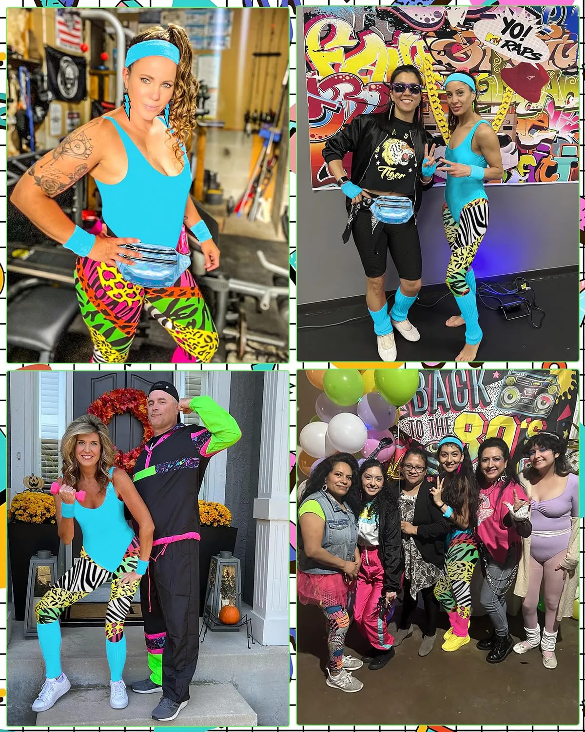 BIQIQI Costume Anni 80 Donna Tuta Sportiva Retro con Body, Legging, Fascia per capelli, Braccialetti, Scaldamuscoli, Orecchini e Marsupio - immagine 7