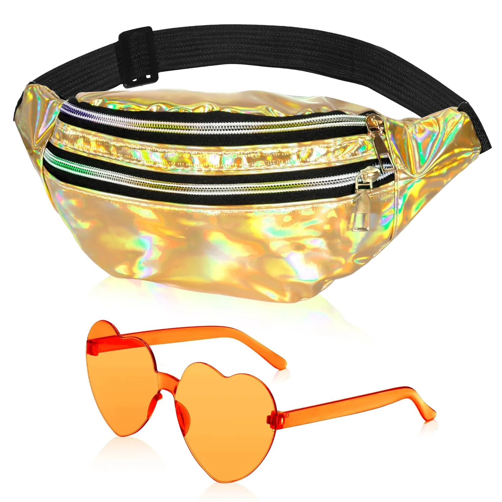 LQTSLFM Marsupio Olografico e Glitterato con Occhiali a Cuore, Accessori Costume Anni 80 90, Oro - immagine 1