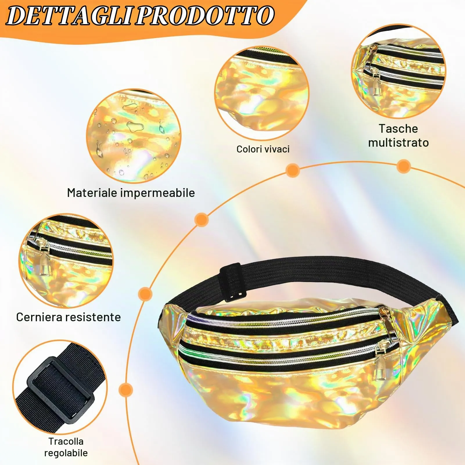 LQTSLFM Marsupio Olografico e Glitterato con Occhiali a Cuore, Accessori Costume Anni 80 90, Oro - immagine 3
