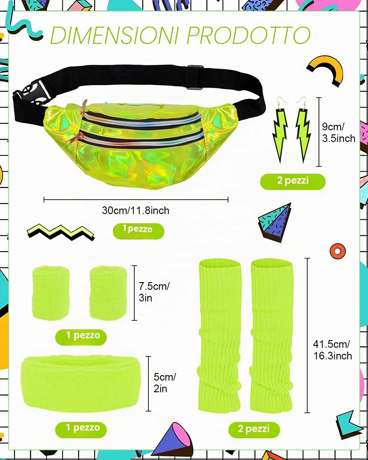 BIQIQI Costume Anni 80 Donna Tuta Sportiva Retro con Body, Leggings, Fascia per capelli, Braccialetti, Scaldamuscoli, Orecchini e Marsupio - immagine 3