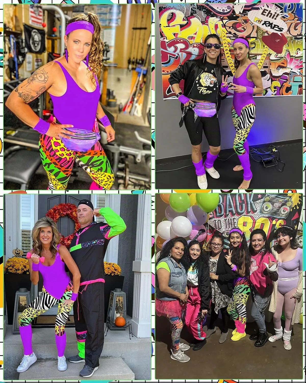 BIQIQI Costume Anni 80 Donna Tuta Sportiva Retro con Body, Leggings, Fascia per capelli, Braccialetti, Scaldamuscoli, Orecchini e Marsupio - immagine 7
