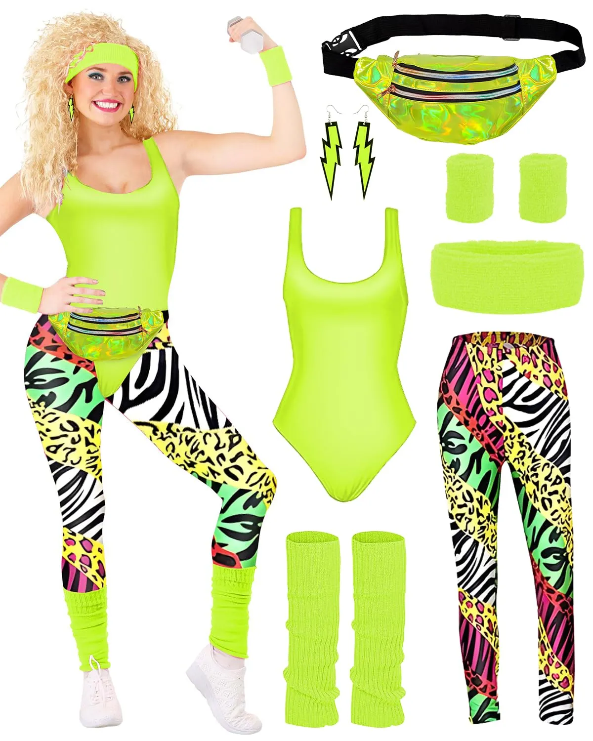 BIQIQI Costume Anni 80 Donna Tuta Sportiva Retro Completo con Body, Leggings, Fascia per Capelli, Braccialetti, Scaldamuscoli, Orecchini e Marsupio - immagine 1