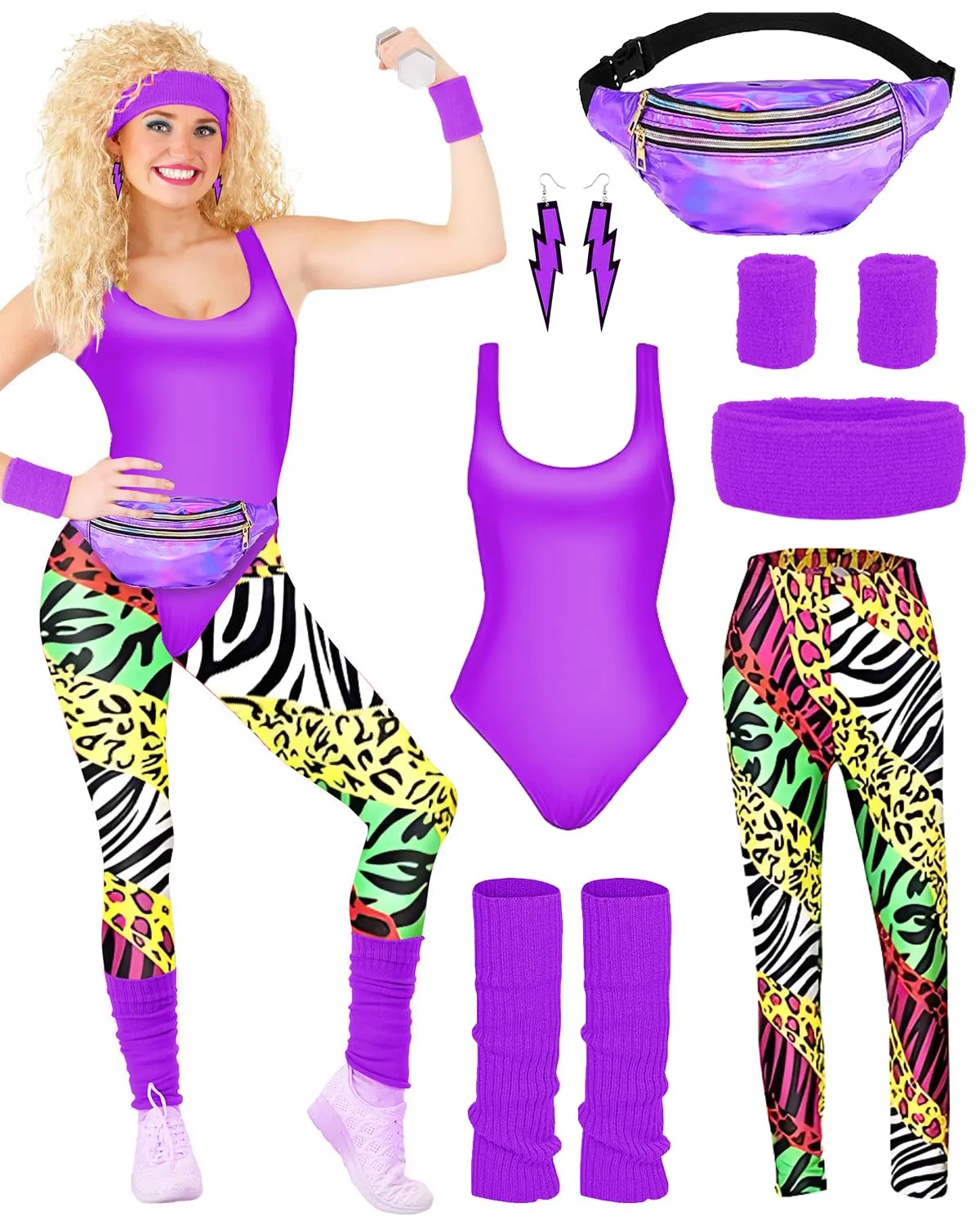 BIQIQI Costume Anni 80 Donna Tuta Sportiva Retro Completo con Body, Leggings, Fascia per Capelli, Braccialetti, Scaldamuscoli, Orecchini e Marsupio - immagine 1