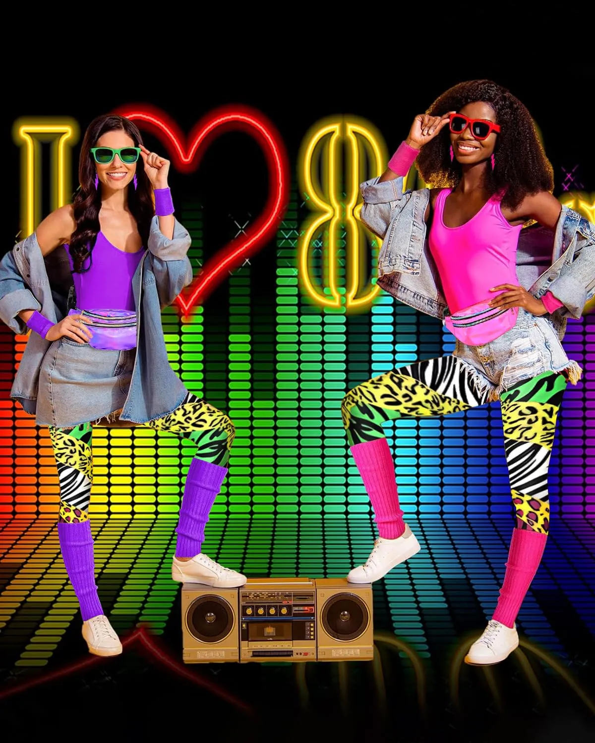 BIQIQI Costume Anni 80 Donna Tuta Sportiva Retro Completo con Body, Leggings, Fascia per Capelli, Braccialetti, Scaldamuscoli, Orecchini e Marsupio - immagine 4