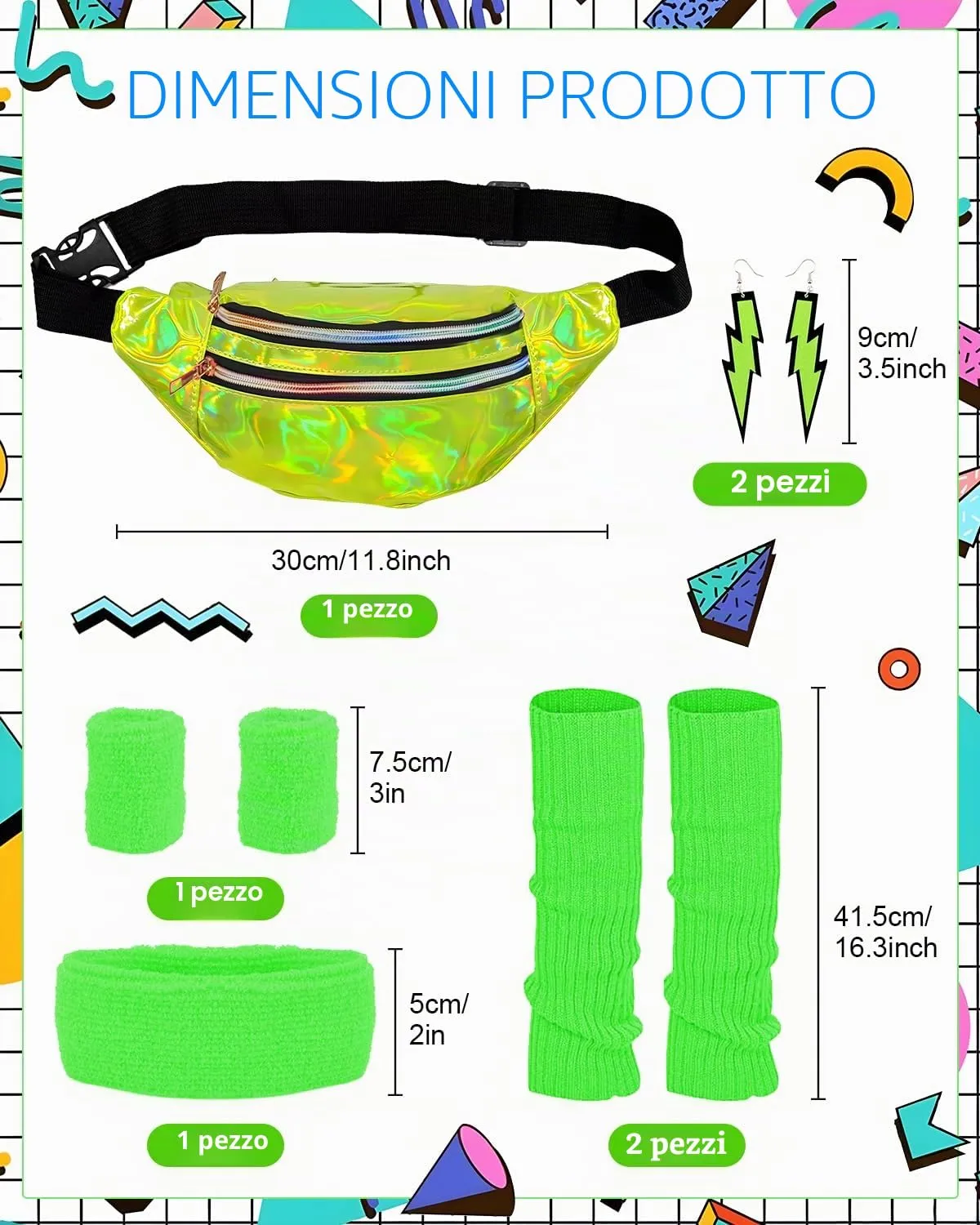 BIQIQI Costume Anni 80 Donna Set Completo con Body, Legging, Fascia per Capelli, Braccialetti, Scaldamuscoli, Orecchini e Marsupio - immagine 3