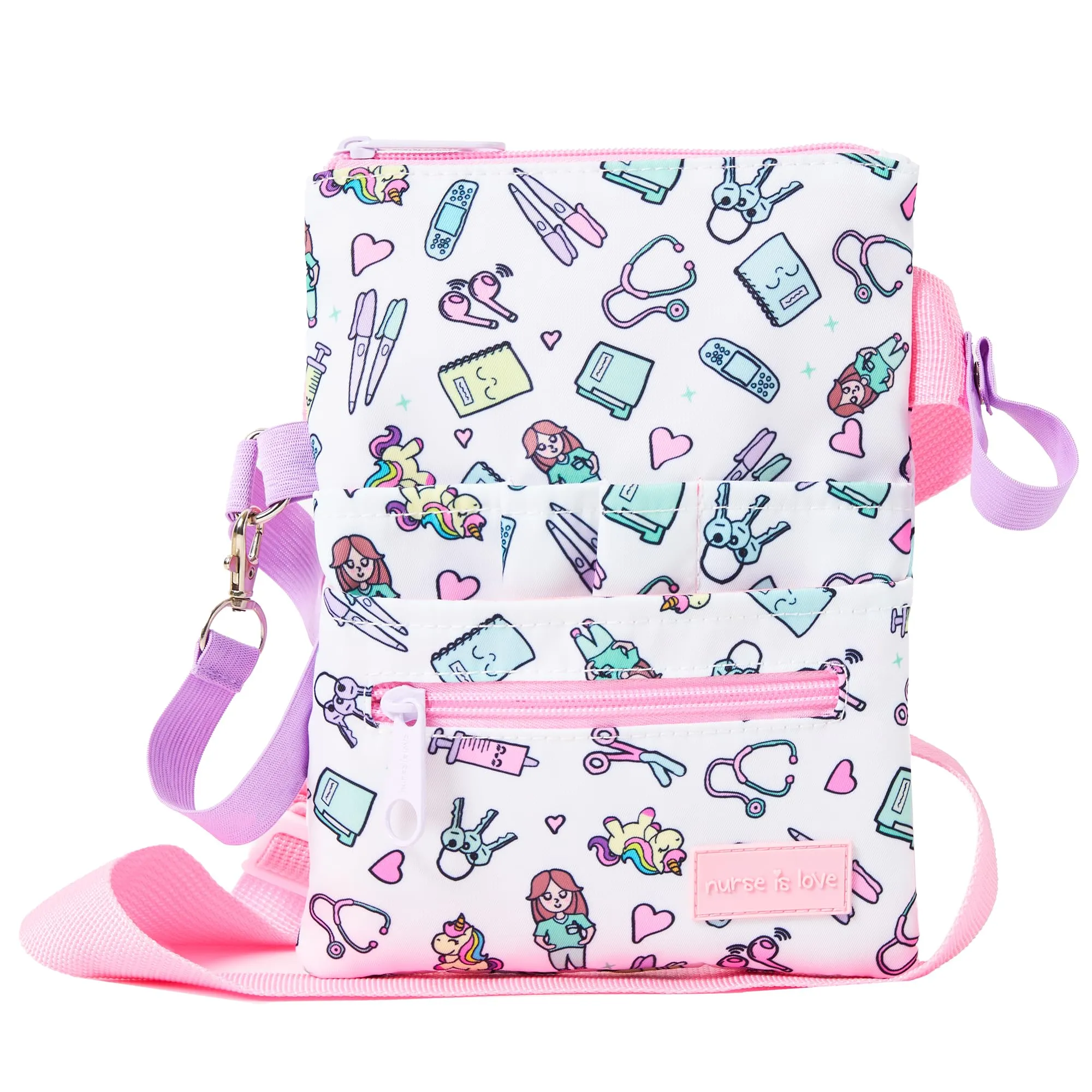 Nurse is Love Marsupio Infermiere Unicorni Bianchi con Moschettone, Organizer Multitasche per Forbici - immagine 1