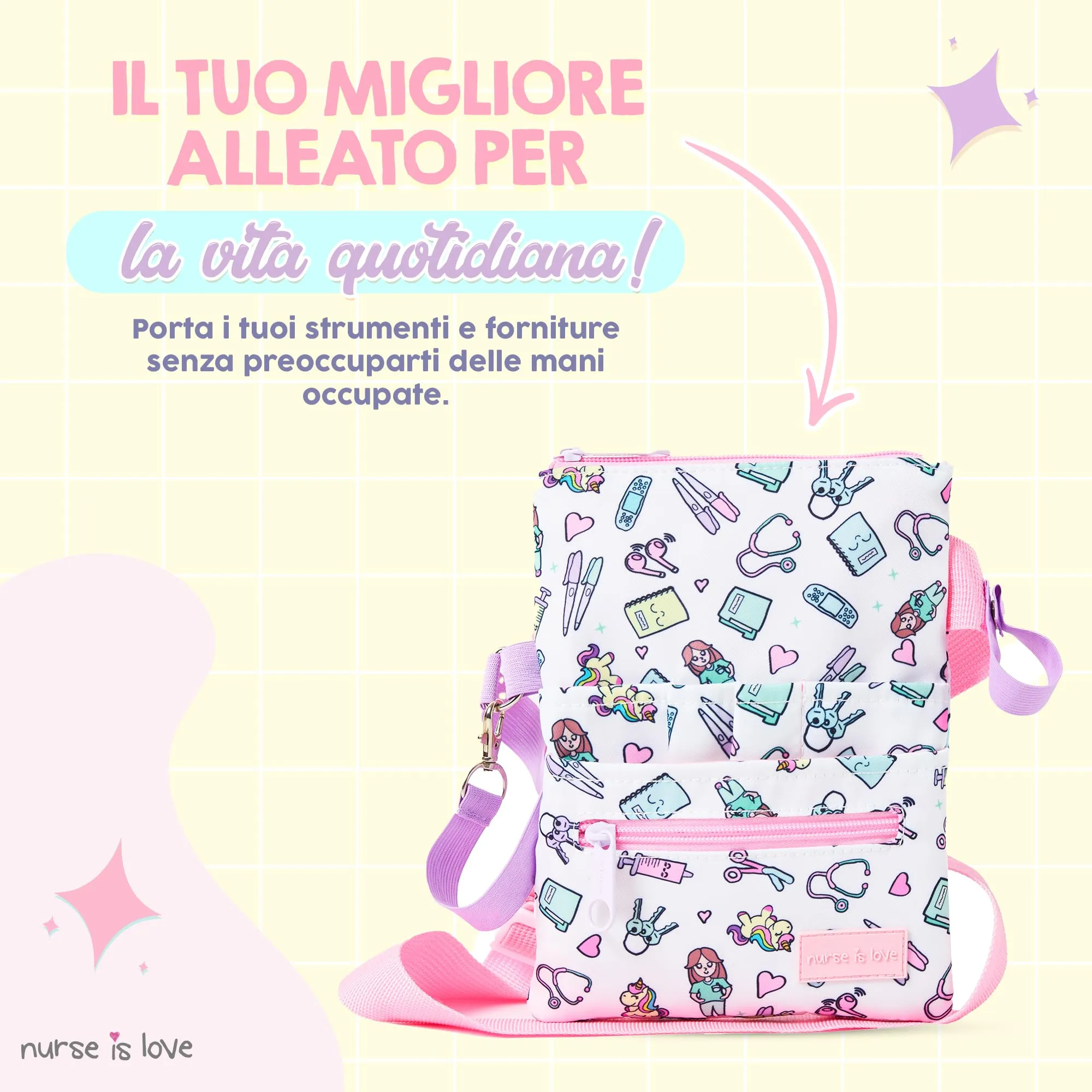 Nurse is Love Marsupio Infermiere Unicorni Bianchi con Moschettone, Organizer Multitasche per Forbici - immagine 2