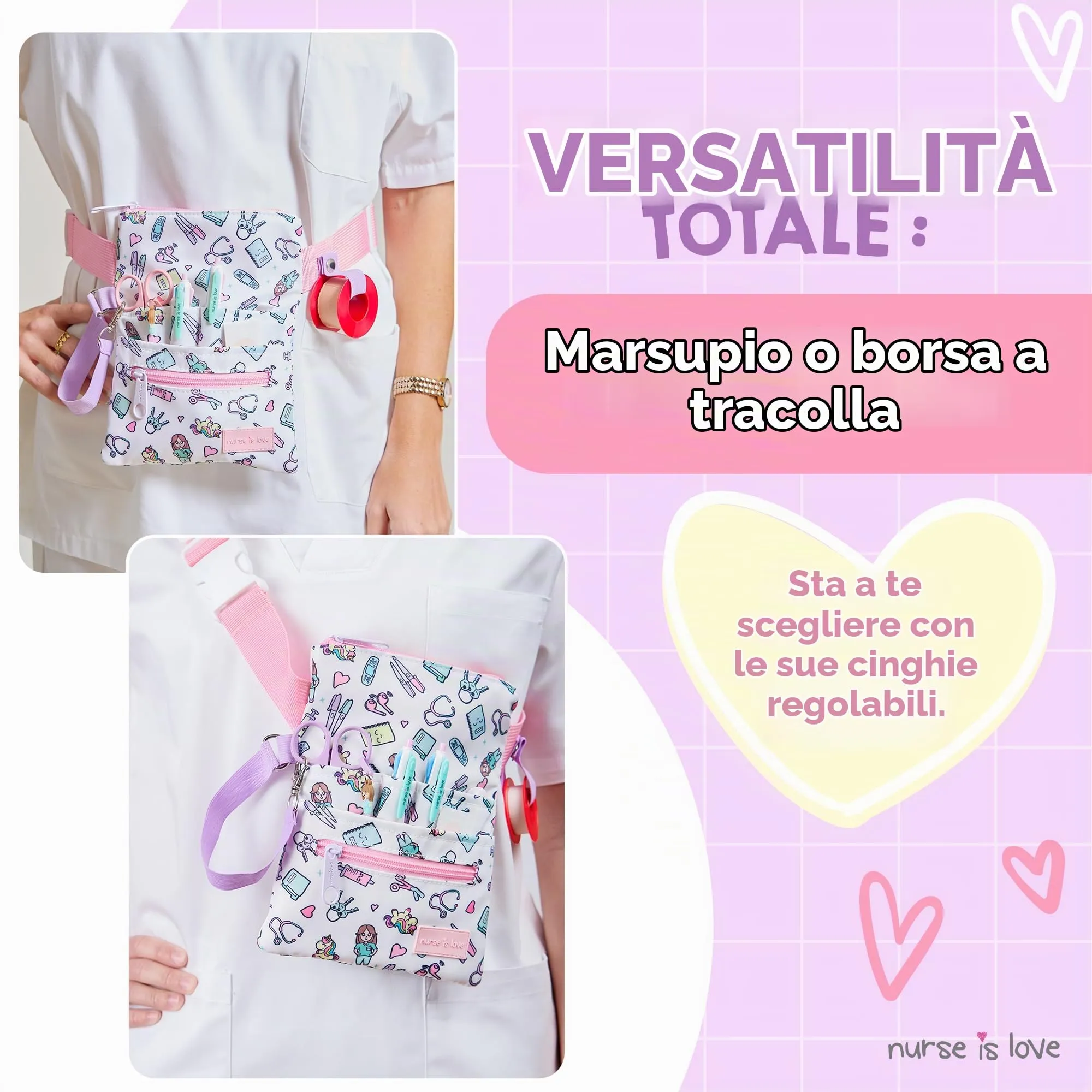 Nurse is Love Marsupio Infermiere Unicorni Bianchi con Moschettone, Organizer Multitasche per Forbici - immagine 3
