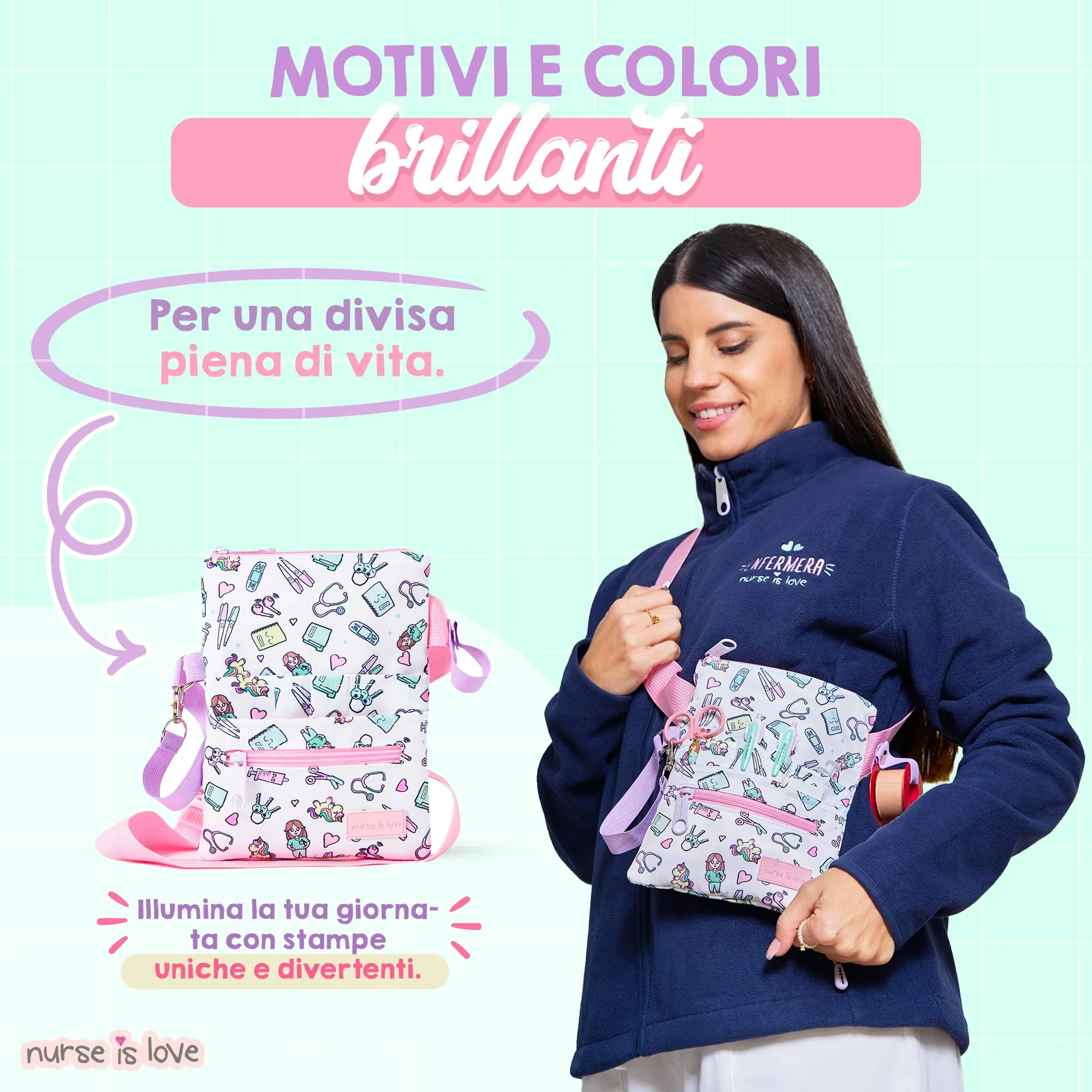 Nurse is Love Marsupio Infermiere Unicorni Bianchi con Moschettone, Organizer Multitasche per Forbici - immagine 4